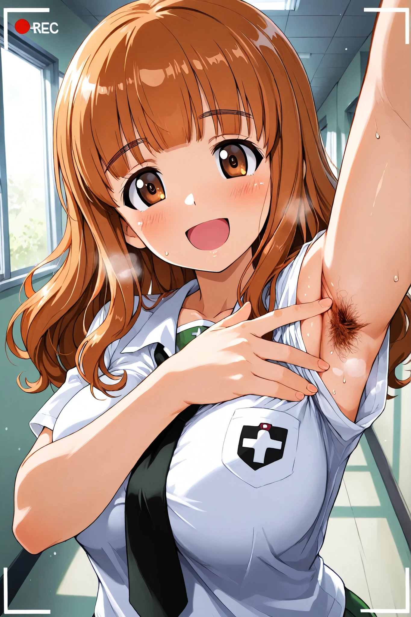 1girl, Character, Girls_und_Panzer, takebe saori, happy, Saunders school uniform, selfie, viewfinder display, School hallway, Girls_und_Panzer art style(armpit　hair ,steam ,spread armpit ,large breasts :1.0)