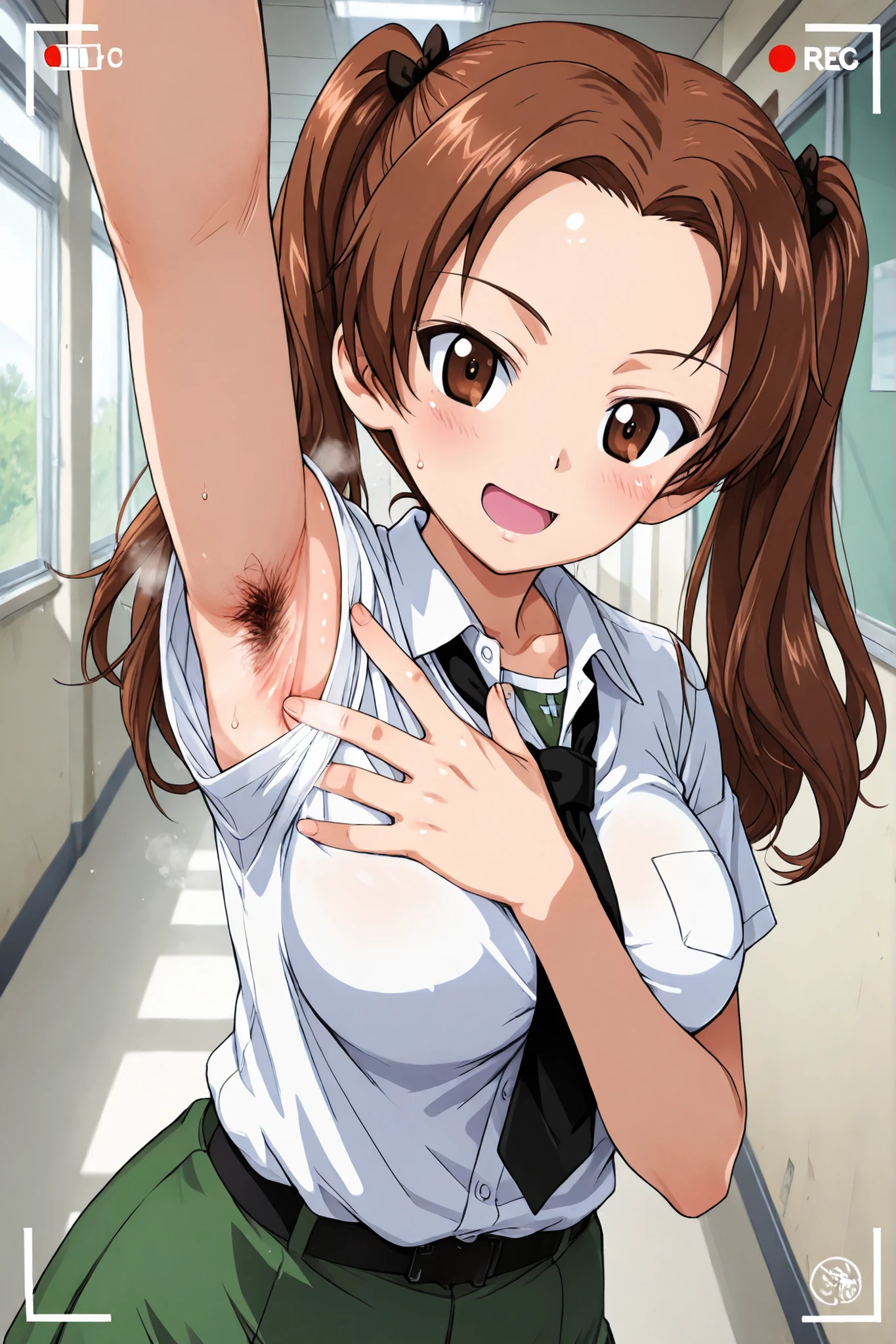1girl, Character, Girls_und_Panzer, happy, Saunders school uniform, selfie, viewfinder display, School hallway, Girls_und_Panzer art style(armpit hair ,steam ,spread armpit ,large breasts :1.0)kadotani anzu
