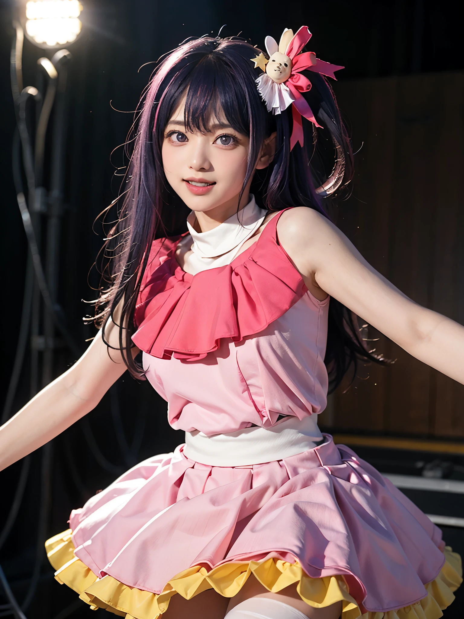 1girl, solo, Japanese cute girl, Japanese idol, looking at viewer, smile, singing, (Best quality, 8k, 32k, Masterpiece, UHD:1.2), negative_hand,  detailed skin, skin blemish, skin texture style, realism, detailed,
standing, sexy pose, upper body,  
Hoshino Ai, long hair, purple hair, streaked hair, purple eyes, star-shaped pupils, hair ornament, large breasts,
one side up, hair ornament, hair ribbon, skirt, thighhighs, white thighhighs, zettai ryouiki, idol, dress, pink dress, sleeveless, pink skirt, frilled skirt, bare shoulders, collar, white collar,
On the stage,