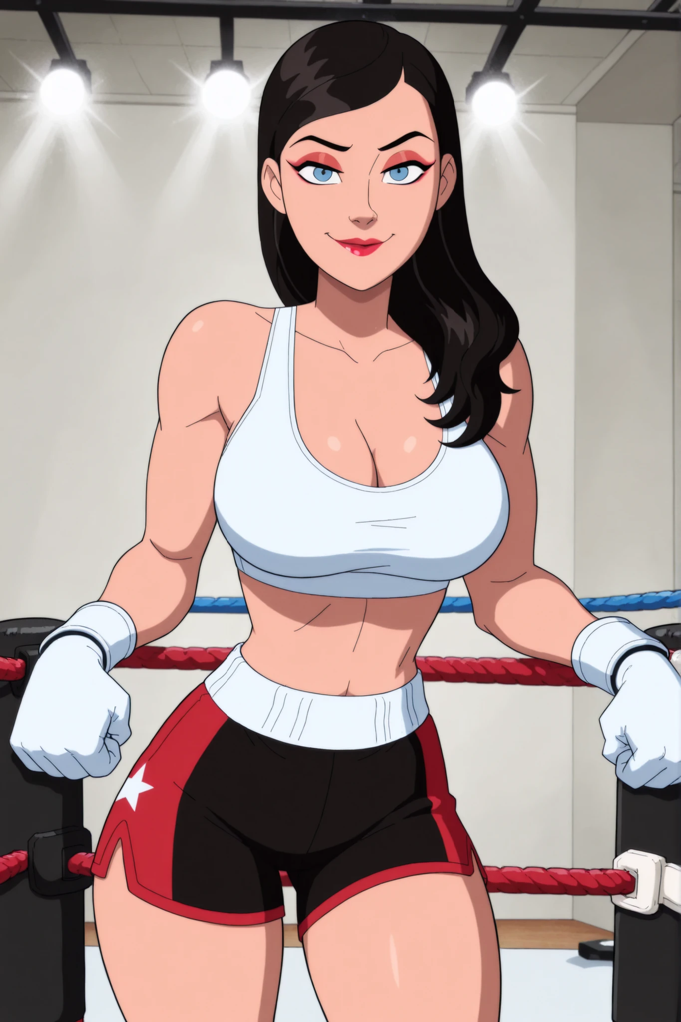 BREAK, score_6_up, score_7_up, score_8_up, score_9, 1girl, solo, loislane, black hair, long hair, makeup, lipstick, blue eyes, very large breasts, cleavage, curvy, athletic, looking at viewer, seducing viewer, teasing viewer, smiling, closed mouth, seductive expression, bedroom eyes, busty, white sports bra, black boxing shorts, white boxing gloves, indoors, boxing ring, standing, portrait, closeup, upper body, leaning forward, red eyeshadow, thick thighs, wide hips