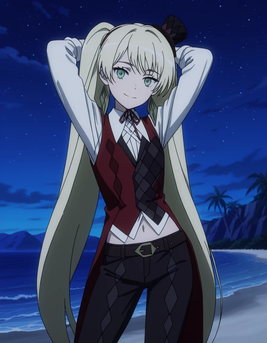 ladylee tangleroad, long hair, blonde hair, twintails, green eyes, anime screencap, hat, navel, jewelry, earrings, vest, mini hat, top hat, belt, shirt, long sleeves, ribbon, white shirt, collared shirt, pants, neck ribbon, checkered clothes, high quality, closed mouth, solo, cowboy shot, night sky, beach, hands behind head, ((contrapposto)), smile, looking at viewer, best quality