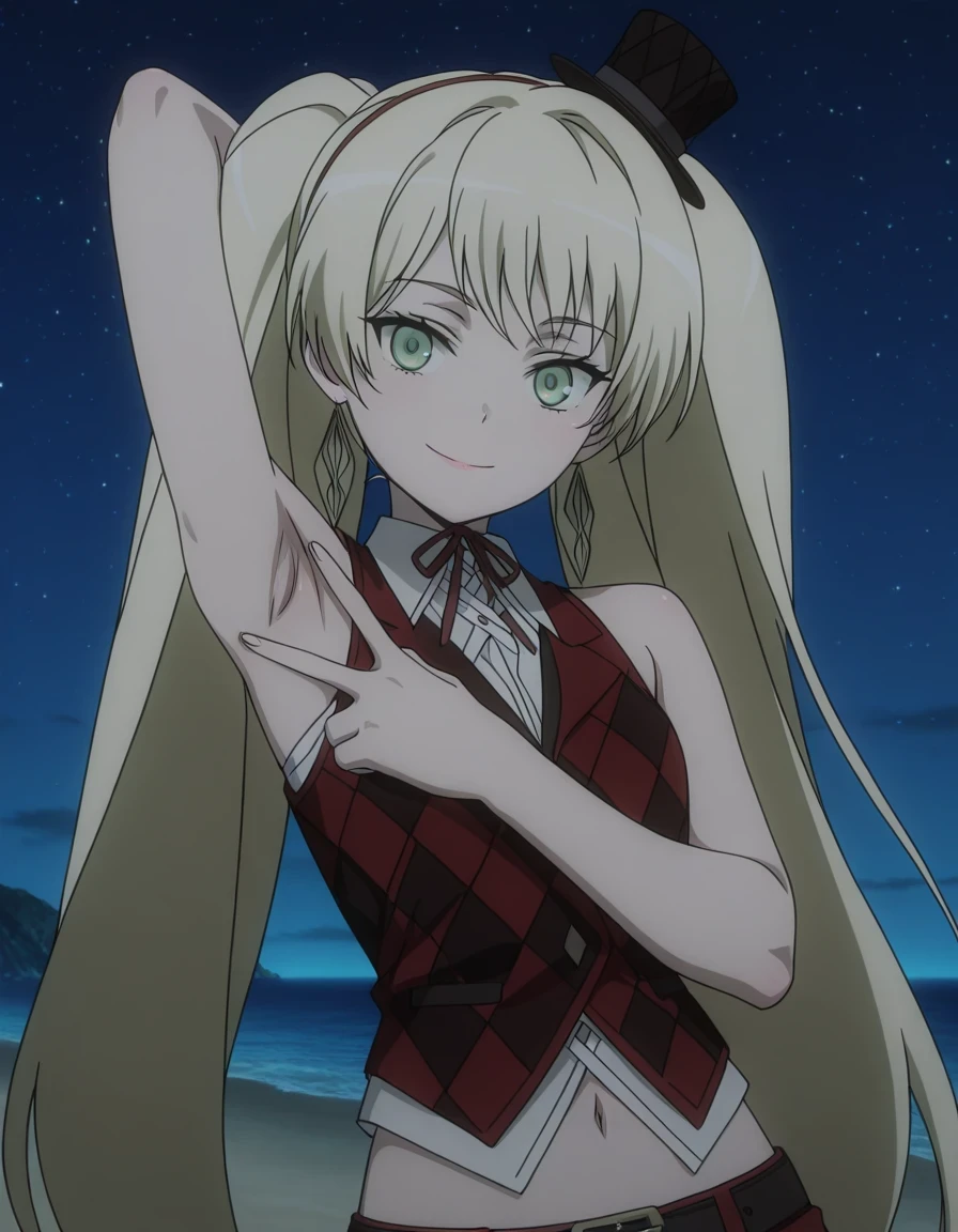 ladylee tangleroad, long hair, blonde hair, twintails, green eyes, anime screencap, hat, navel, jewelry, earrings, vest, mini hat, top hat, belt, shirt, sleeveless, ribbon, white shirt, collared shirt, neck ribbon, checkered clothes, high quality, closed mouth, solo, upper body, night sky, beach, hand behind head, spread armpit, armpits, armpit focus, V, ((contrapposto)), looking at viewer, smile, best quality,