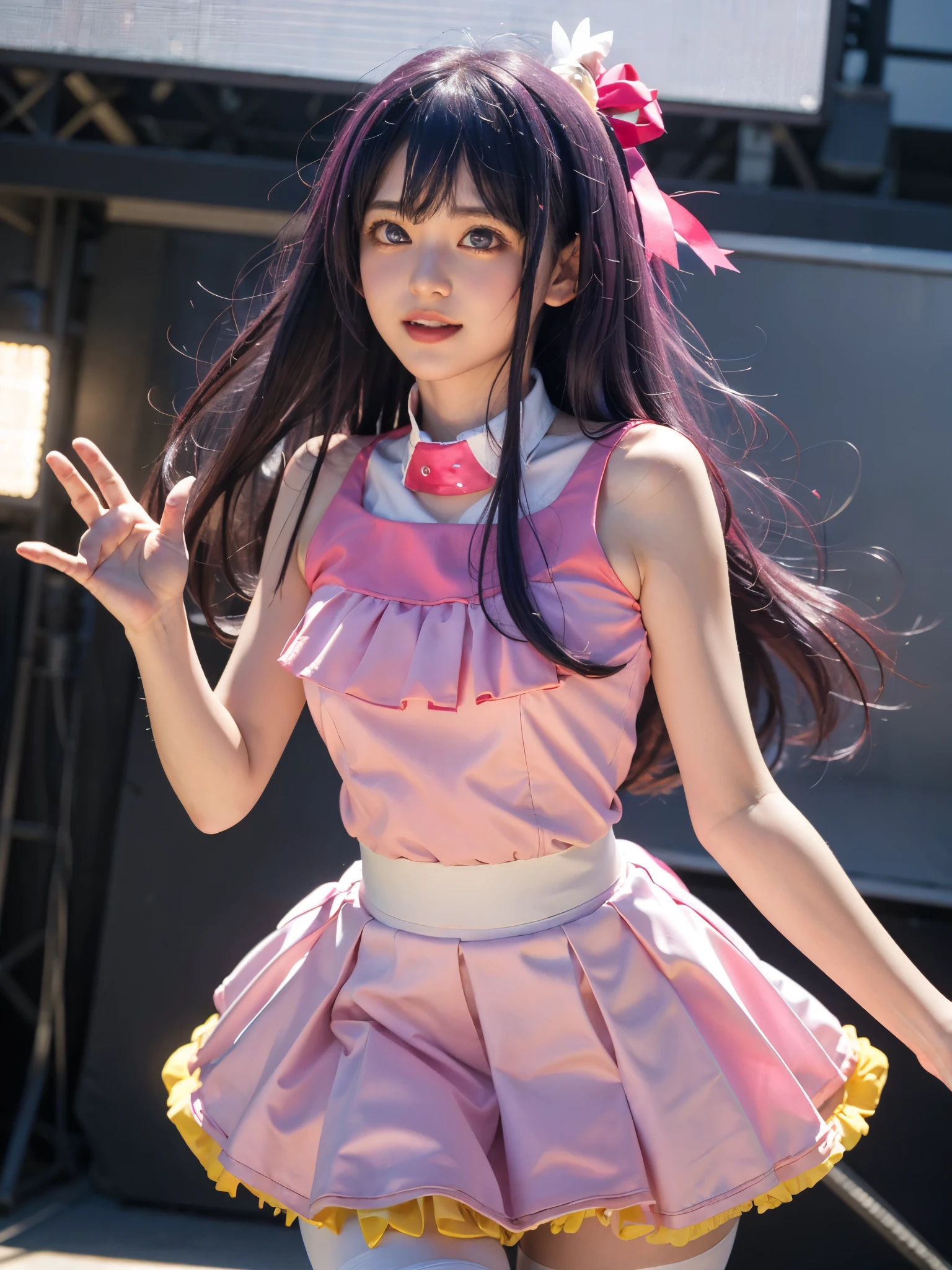 1girl, solo, Japanese cute girl, Japanese idol, looking at viewer, smile, singing, (Best quality, 8k, 32k, Masterpiece, UHD:1.2), negative_hand, detailed skin, skin blemish, skin texture style, realism, detailed,
standing, sexy pose, upper body,
Hoshino Ai, long hair, purple hair, streaked hair, purple eyes, star-shaped pupils, hair ornament, large breasts,
one side up, hair ornament, hair ribbon, skirt, thighhighs, white thighhighs, zettai ryouiki, idol, dress, pink dress, sleeveless, pink skirt, frilled skirt, bare shoulders, collar, white collar,
On the stage,