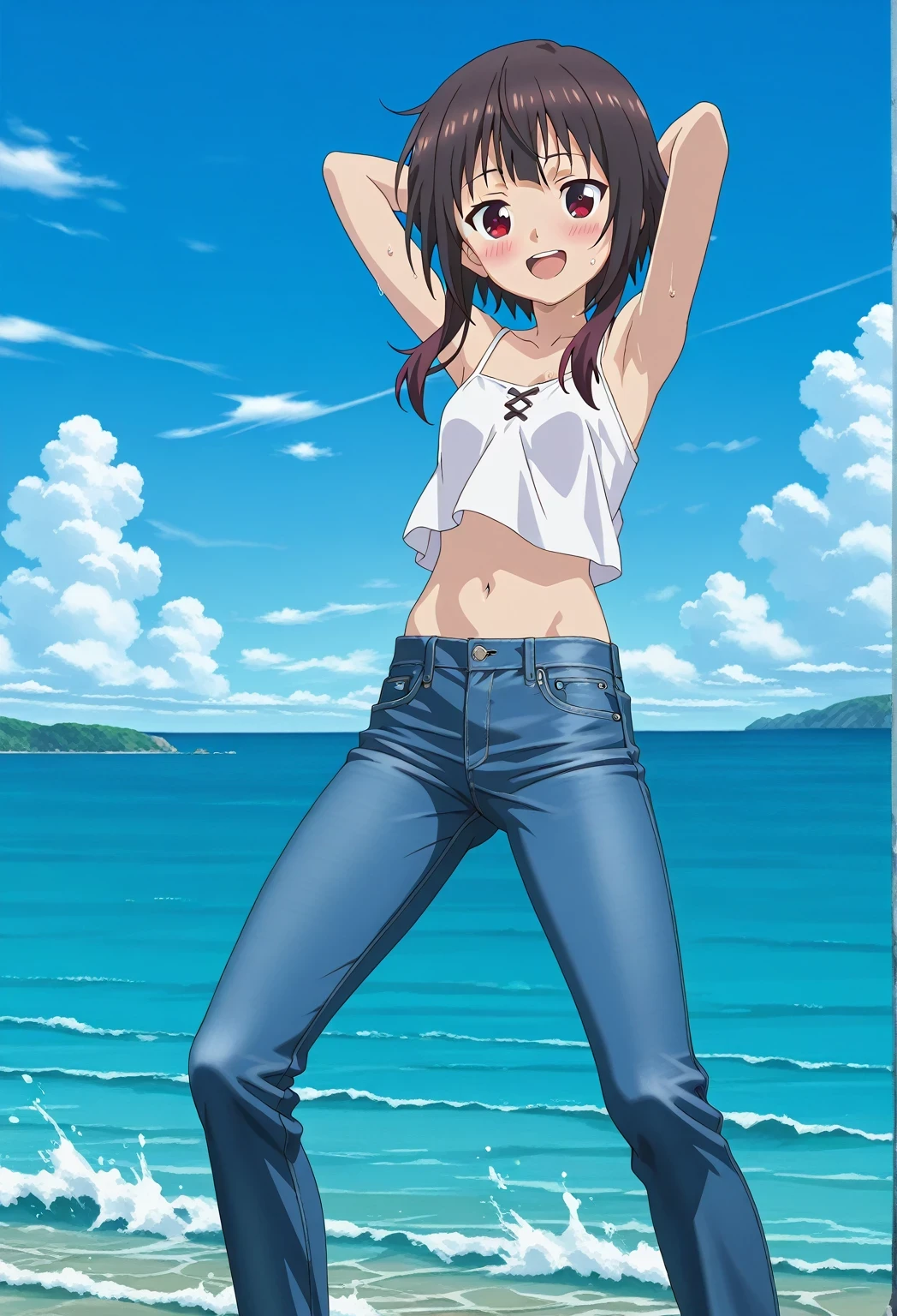 score_9, score_8_up, score_7_up, source_anime, highres, hi res, ((best quality, top quality, perfect quality, Highest Quality, amazing quality)), {{masterpiece}}, {{an extremely delicate and beautiful}}, 2d, intricate details, official style, anime, 8k, anime style, official_anime, official art, digital painting, cell shading, soft shading, high resolution, soothing tones, Subdued Color, Soft cinematic light, adobe lightroom, photolab, HDR, intricately and hyper-detailed, ((high quality animation)), 1 girl, Alone, solo, ((ocean)), tsunami, on the water, day, sunny, outdoors, sky, windy, megumin, short hair, black hair, red eyes, side locks, long locks, anime screencap, small breasts, white camisole top, crop top, white crop top, best quality, hyper-detailed jeans, ((blue jeans:1.9)), (dark blue jeans:0.6), full medium body, medium shot, Open mouth, smiling, happy face, blush, sweat, standing, ((arms behind head:6.0)), bowlegged, jumping pose, action, looking at viewer, spread legs, Bend knees slightly, straight-on front view