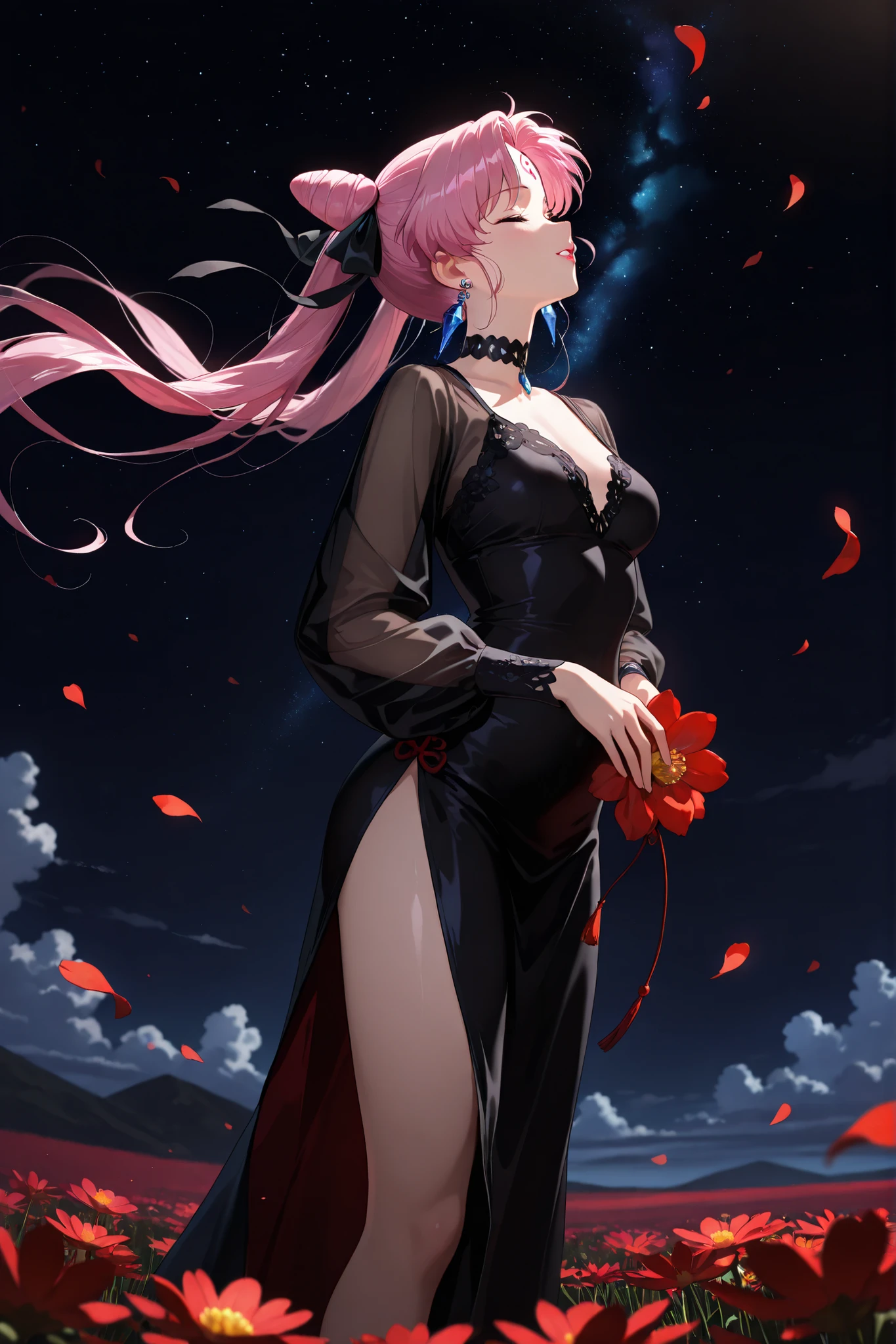 masterpiece, amazing quality, best quality, ultra-detailed, 8K, illustration, clear skin, ultra-detailed-eyes, soft skin, very awa, very as2, soft body, 1990s \(style\), official art, bbcusa, long hair, pink hair, cone hair bun, twintails, forehead mark, crystal earrings, closed eyes, lipstick, black choker, black dress, see-through, long sleeves, side slit, ((top quality)),(ultra-detailed), depth of field, cinematic lighting, detailed outfit, rich in details and textures, ((high-resolution)), ultra detailed, vivid colors, glistening skin:1.1), sexy and erotic, 1girl, solo, happy, tsurime, slender eyes, tall female, chinese hawthorn, looking at field, dynamic pose, hair between eyes, (hair ribbon:1.3), (beautiful detailed eyes:1.2), bellyfree, background filled with blooming Chinese Hawthorn (red hawthorn flowers), starry sky, clouds, atmosphere dreamy, serene, with cinematic composition, soft lips, full lips, in field of Chinese Hawthorn, holding Chinese Hawthorn, standing, profile shot, looking up, very windy, floating hair, floating skirt, pantie flasher, happy expression, flying petals, (simple studio background, out-of-focus gray:1.2) lighting,masterpiece,best quality,amazing quality,very beautiful,high resolution, super detailed, ridiculous, latest,depth of field, best quality,anime coloring, dark, dim lighting, dark background