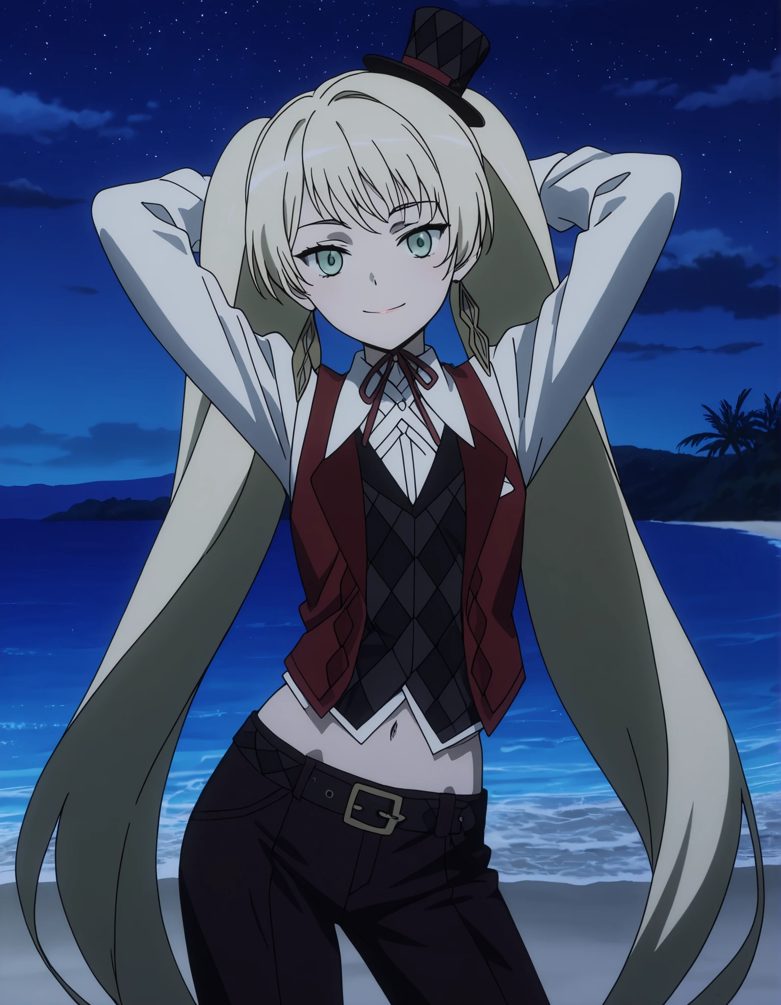 ladylee tangleroad, long hair, blonde hair, twintails, green eyes, anime screencap, hat, navel, jewelry, earrings, vest, mini hat, top hat, belt, shirt, long sleeves, ribbon, white shirt, collared shirt, pants, neck ribbon, checkered clothes, high quality, closed mouth, solo, cowboy shot, night sky, beach, hands behind head, ((contrapposto)), smile, looking at viewer, best quality