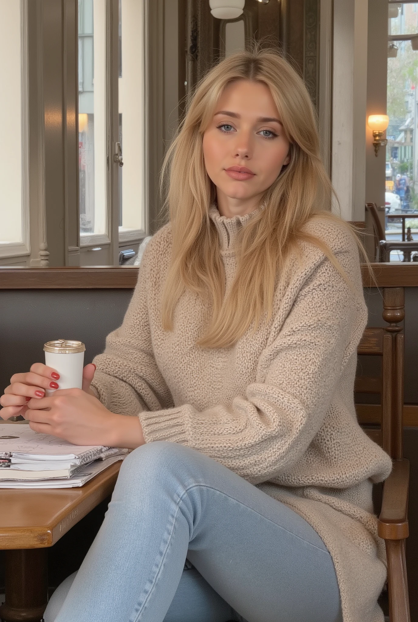 Hand,instagram personality, internet personality, lips, (2 size) ultra realistic photo of a stylish young woman, slim with natural curves, long blonde hair, wearing a soft beige sweater and light blue jeans, sitting at a wooden table in Café Central Vienna. She has a cappuccino next to her laptop, sketchbook open, warm natural light through tall windows, cozy artistic vibe. 4k, cinematic lighting, shallow depth of field, detailed textures.