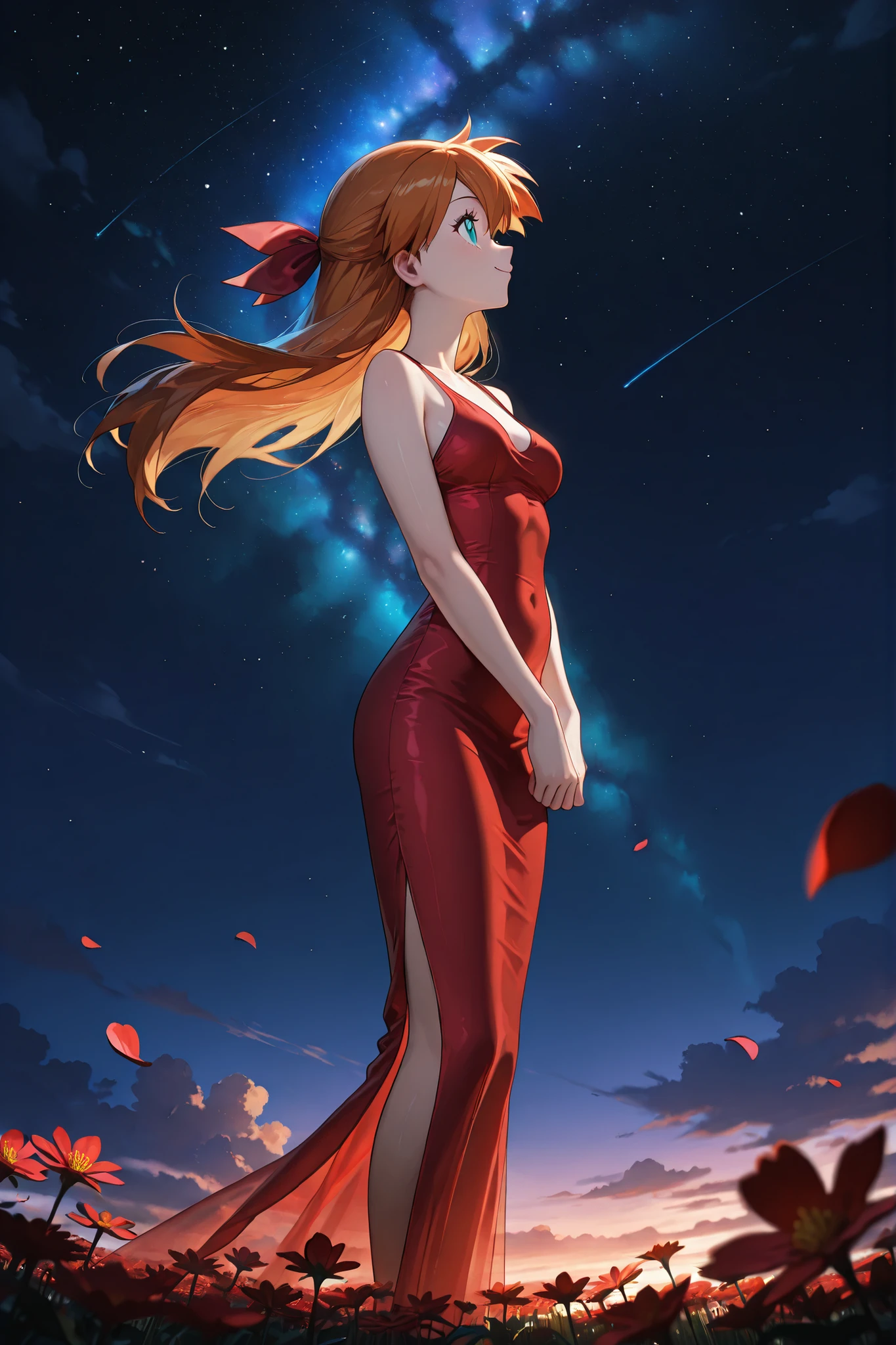 masterpiece, amazing quality, best quality, ultra-detailed, 8K, illustration, clear skin, ultra-detailed-eyes, soft skin, very awa, very as2, soft body, 1990s \(style\), official art, misty \(pokemon\), long hair, small breasts, see-through dress, evening dress, ((top quality)),(ultra-detailed), depth of field, cinematic lighting, detailed outfit, rich in details and textures, ((high-resolution)), ultra detailed, vivid colors, glistening skin:1.1), sexy and erotic, 1girl, solo, happy, tsurime, slender eyes, tall female, chinese hawthorn, looking at field, dynamic pose, hair between eyes, (hair ribbon:1.3), (beautiful detailed eyes:1.2), bellyfree, background filled with blooming Chinese Hawthorn (red hawthorn flowers), starry sky, clouds, atmosphere dreamy, serene, with cinematic composition, in field of Chinese Hawthorn, standing, profile shot, looking up, very windy, floating hair, floating skirt, pantie flasher, happy expression, flying petals, (simple studio background, out-of-focus gray:1.2) lighting,masterpiece,best quality,amazing quality,very beautiful,high resolution, super detailed, ridiculous, latest,depth of field, best quality,anime coloring, dark, dim lighting, dark background