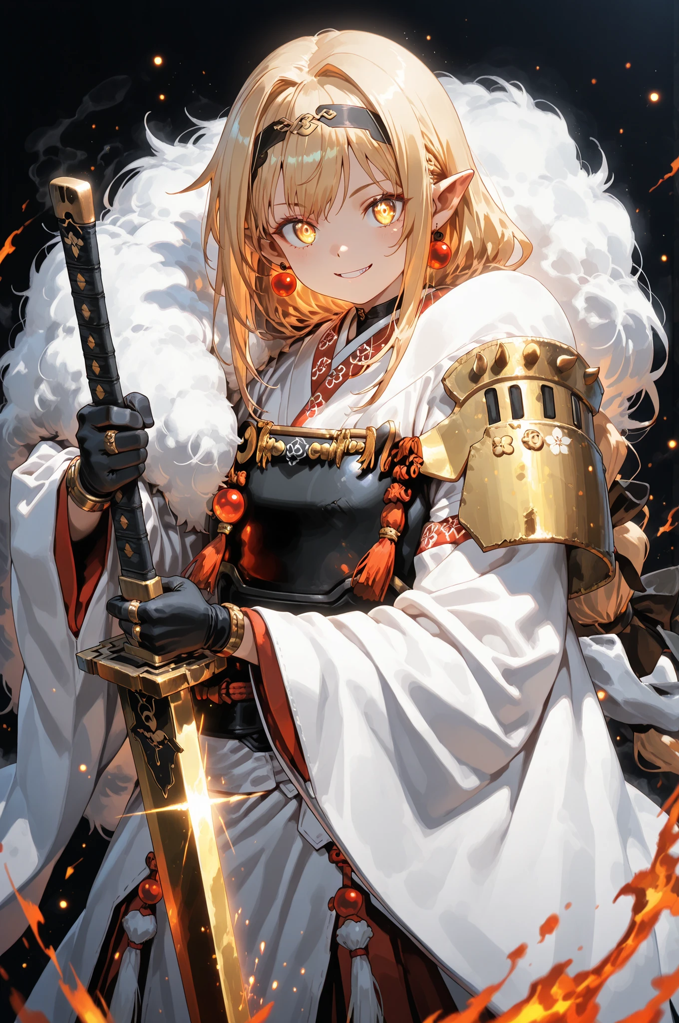 A short, solitary male character, a young teenager, about 1.5 meters tall. He stands alone against a deep black background, making him stand out vividly. His physique, face, and height are exactly like Lloyd de Saloum.

He has long blond hair, styled exactly like Alice Zuberg's from Sword Art Online, with a braid tied in the middle with a black ribbon before flowing freely. A black headband, identical to Alice Zuberg's, rests on his head. His golden eyes shine brightly. His expression is provocative and confident, marked by a bold, mocking smile. He has pointy ears and a golden monkey tail.

Outfit:
He wears an ornate white Chinese robe. Draped over his right shoulder is a flowing golden fur cloak (like Sesshoumaru’s), soft and radiant like a divine cloud, falling almost to the ground along his back. The cloak is fastened with gold medals and chains that cross to his left shoulder. He has a golden pauldron on his left shoulder with the design of an oni face.

Weapon:
In his right hand, he firmly grips a gigantic Japanese greatsword with a golden blade and black details on the blade with three black rings attached to the blade. The guard and hilt of the greatsword are black and there is dark energy emanating from the blade.

In his left hand, he holds a ball of golden energy with glowing dots, radiating power. In his left hand, he holds a ball of golden energy with glowing dots, radiating power.

Pose and Atmosphere:
He assumes a bold, dynamic battle stance, facing the viewer directly with a playful yet arrogant look. His left hand conjures a golden sphere of energy streaked with glowing red sparks, radiating raw power.

Atmosphere and Style:
Male character, youthful energy.
Ultra-detailed, sharp, clean anime style. Deep black background with cinematic lighting accentuating his short stature and powerful aura. Golden jeweled earrings glimmer in the light.

The character is a boy. The character is male. The character is male.