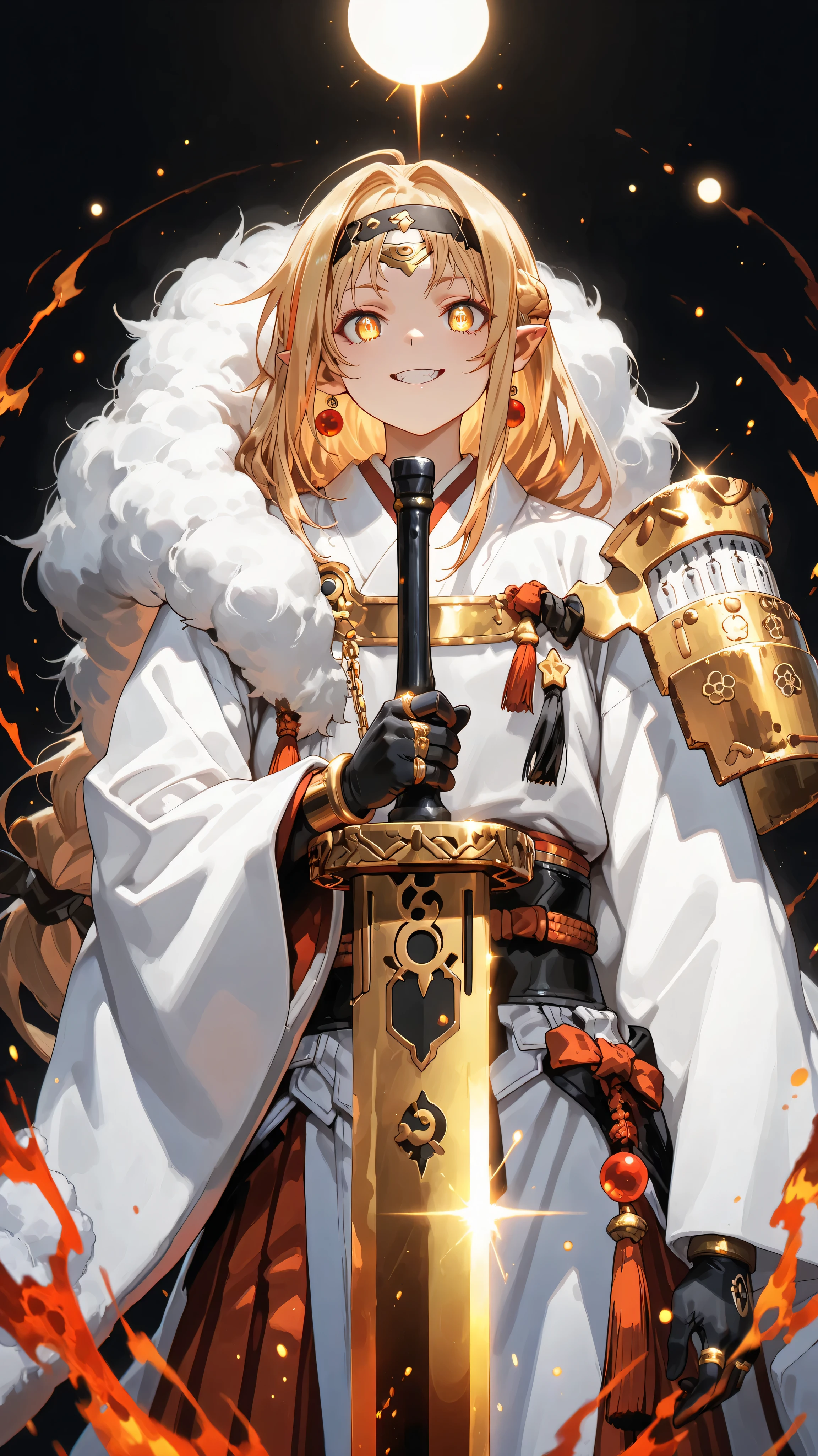 A short, solitary male character, a young teenager, about 1.5 meters tall. He stands alone against a deep black background, making him stand out vividly. His physique, face, and height are exactly like Lloyd de Saloum.

He has long blond hair, styled exactly like Alice Zuberg's from Sword Art Online, with a braid tied in the middle with a black ribbon before flowing freely. A black headband, identical to Alice Zuberg's, rests on his head. His golden eyes shine brightly. His expression is provocative and confident, marked by a bold, mocking smile. He has pointy ears and a golden monkey tail.

Outfit:
He wears an ornate white Chinese robe. Draped over his right shoulder is a flowing golden fur cloak (like Sesshoumaru’s), soft and radiant like a divine cloud, falling almost to the ground along his back. The cloak is fastened with gold medals and chains that cross to his left shoulder. He has a golden pauldron on his left shoulder with the design of an oni face.

Weapon:
In his right hand, he firmly grips a gigantic Japanese greatsword with a golden blade and black details on the blade with three black rings attached to the blade. The guard and hilt of the greatsword are black and there is dark energy emanating from the blade.

In his left hand, he holds a ball of golden energy with glowing dots, radiating power. In his left hand, he holds a ball of golden energy with glowing dots, radiating power.

Pose and Atmosphere:
He assumes a bold, dynamic battle stance, facing the viewer directly with a playful yet arrogant look. His left hand conjures a golden sphere of energy streaked with glowing red sparks, radiating raw power.

Atmosphere and Style:
Male character, youthful energy.
Ultra-detailed, sharp, clean anime style. Deep black background with cinematic lighting accentuating his short stature and powerful aura. Golden jeweled earrings glimmer in the light.

The character is a boy. The character is male. The character is male.