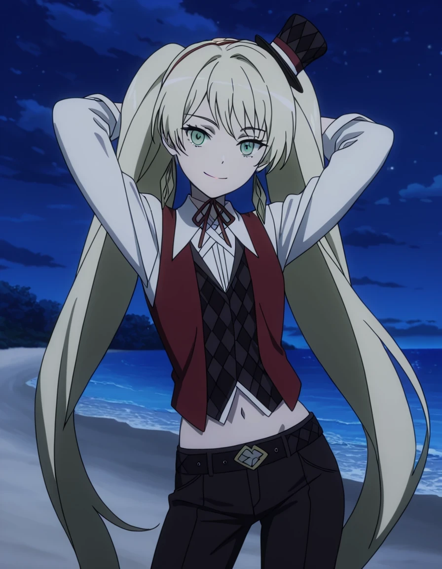 ladylee tangleroad, long hair, blonde hair, twintails, green eyes, anime screencap, hat, navel, jewelry, earrings, vest, mini hat, top hat, belt, shirt, long sleeves, ribbon, white shirt, collared shirt, pants, neck ribbon, checkered clothes, high quality, closed mouth, solo, cowboy shot, night sky, beach, hands behind head, ((contrapposto)), smile, looking at viewer, best quality