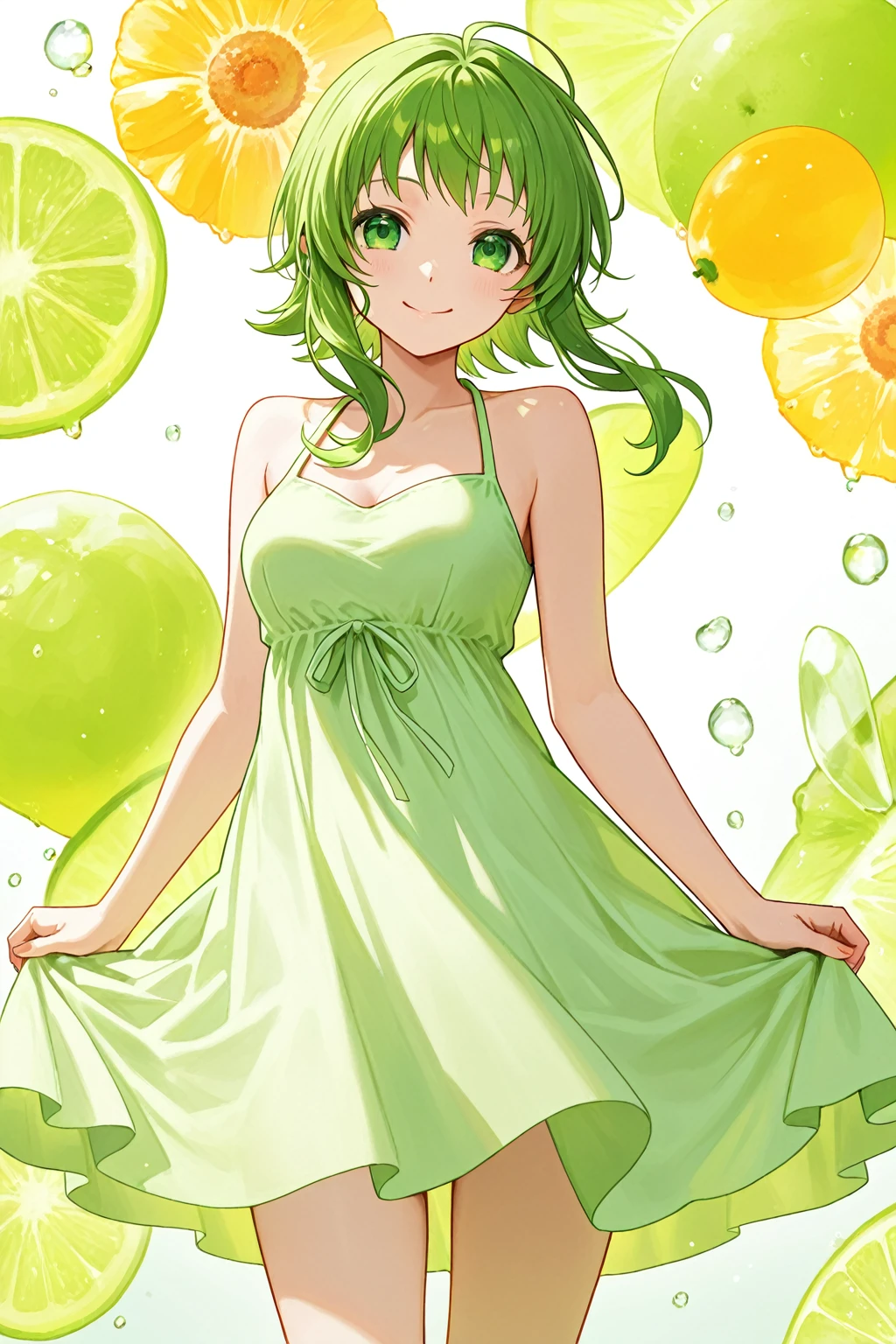 20 year old girl, chica , green hair, short hair, green eyes, Short skirt, green skirt, Small strapless blouse, Short blouse up to the abdomen, Blouse sin Olanes, green blouse, Green long sleeves, Blouse that shows the shoulders, Sin collar, Shows the navel, green boots, back view.
