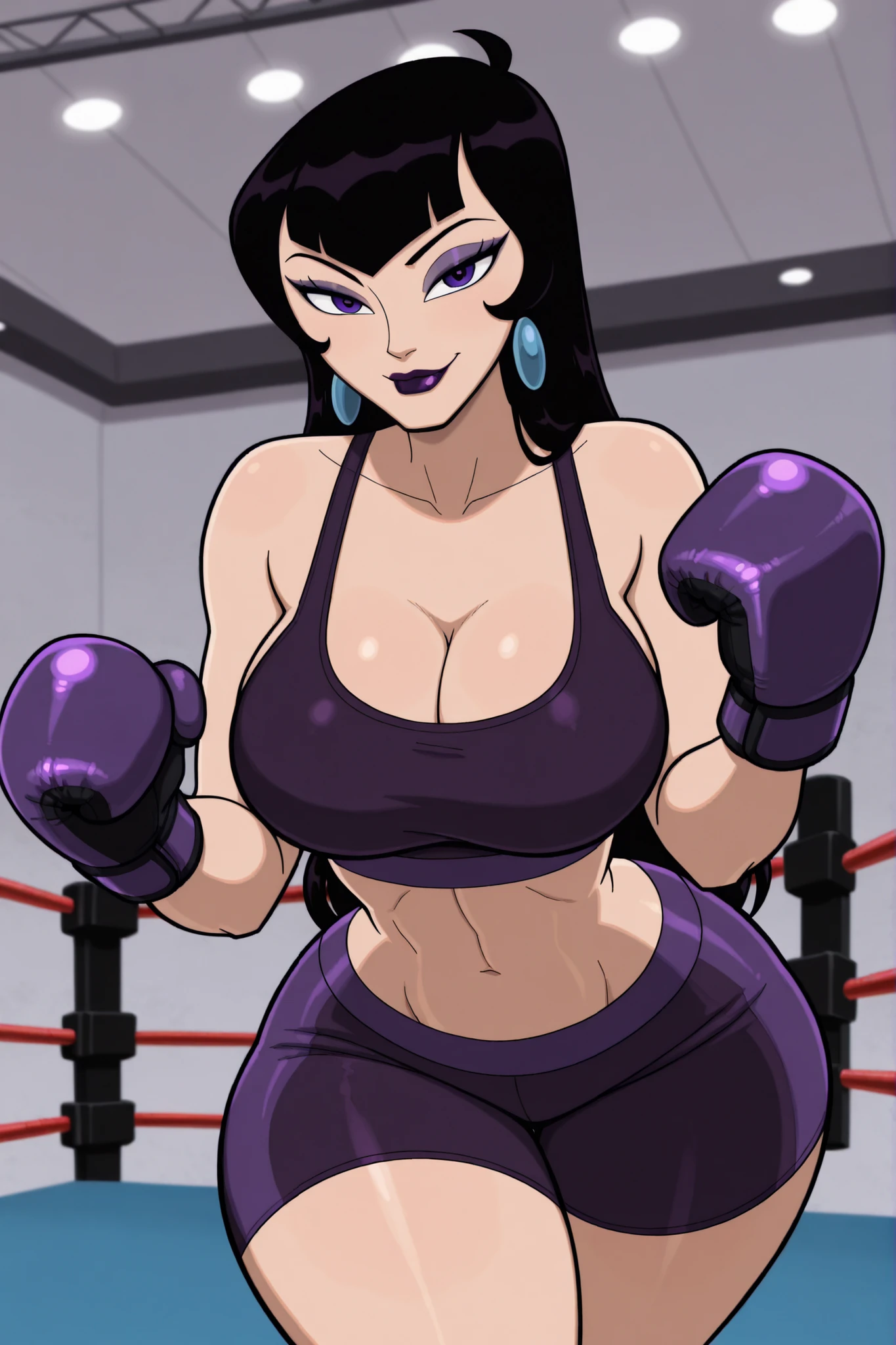 BREAK, score_6_up, score_7_up, score_8_up, score_9, 1girl, solo, long hair, purple eyes, black hair, earrings, makeup, lipstick, t4lb4ld4nd, very large breasts, busty, cleavage, curvy, athletic, looking at viewer, seducing viewer, teasing viewer, seductive expression, smiling, closed mouth, bedroom eyes, dark purple sports bra, dark purple boxing shorts, dark purple boxing gloves, indoors, boxing ring, standing, closeup, portrait, upper body, leaning forward, purple eyeshadow, thick thighs, wide hips