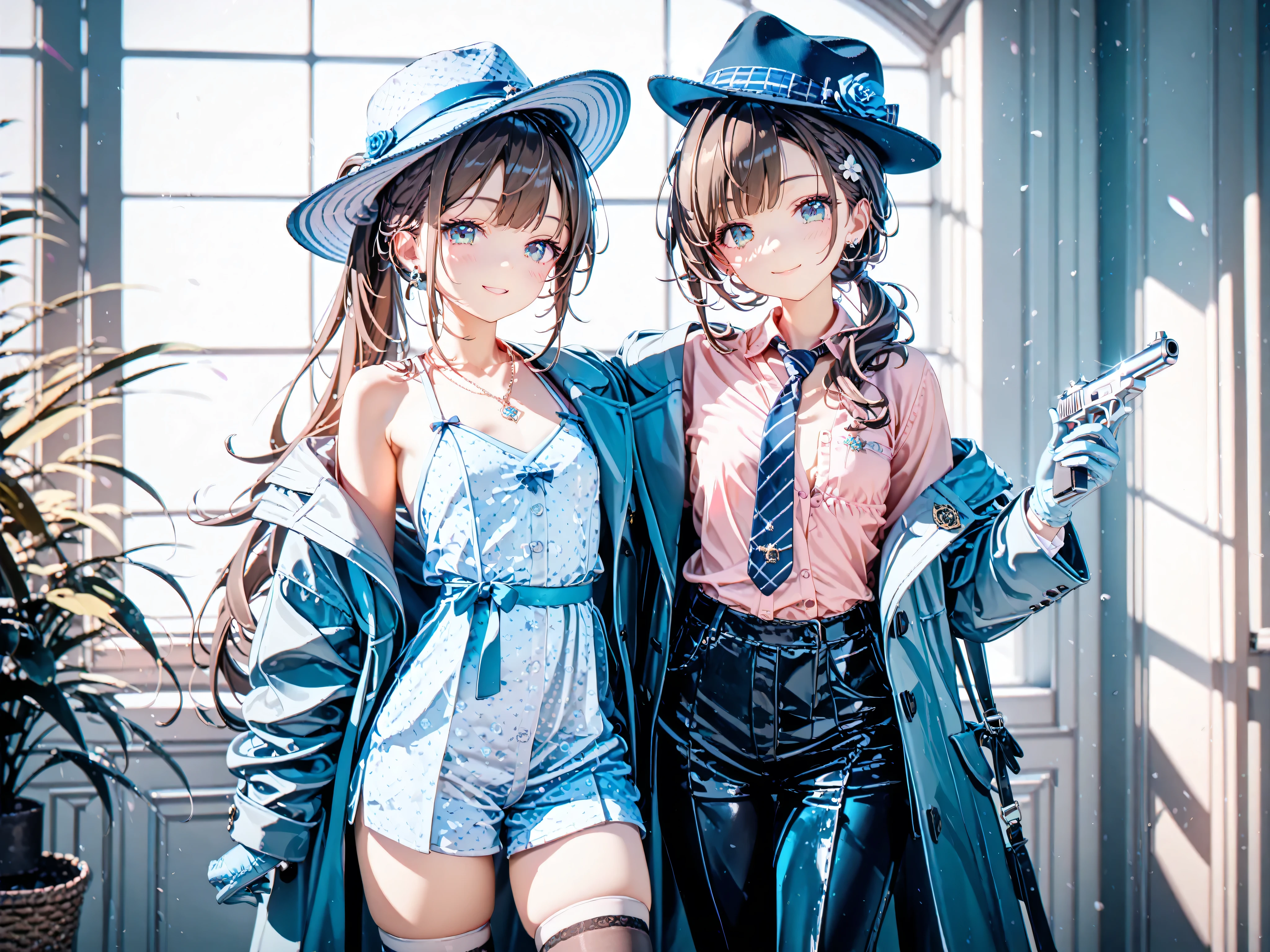 necktie, gloves, suit, fedora, shirt, vest, coat, mafia girl boss, holding a handgun, (masterpiece, detailed:1.2),Cute,amazing quality,very aesthetic,absurdres,newest,best quality,beautiful,lustrous skin, glossy skin,thighhighs, masterpiece,best quality,higres illustration,detailed face,1girl,smile,1girl, ((((small chest)))), sfw, fully clothed, (one girl), cute lori, (((light blue patterned librarian outfit))), ((Light pink shirt)), soft smile, smile full of affection, high definition, masterpiece, Short haired girl, dark brown hair, ((ponytail hair)), beautiful cyan eyes, wearing a cute necklace, ((original character)), hair flower,very long hair,bare shoulders