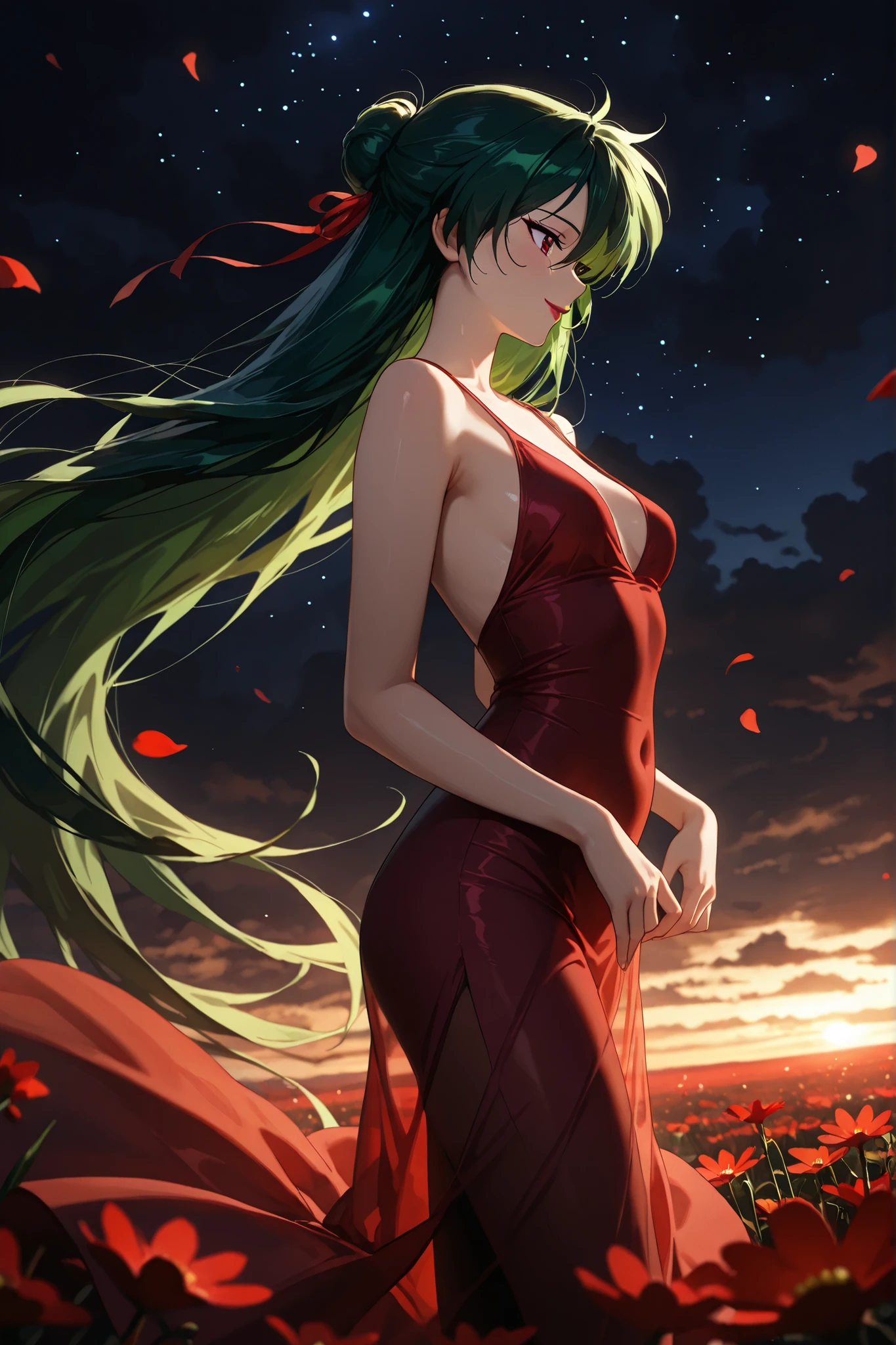 masterpiece, amazing quality, best quality, ultra-detailed, 8K, illustration, clear skin, ultra-detailed-eyes, soft skin, very awa, very as2, soft body, 1990s \(style\), official art, setsuna meiou, long hair, red eyes, very long hair, green hair, hair bun, single hair bun, small breasts, mature woman, lipstick, see-through dress, evening dress, ((top quality)),(ultra-detailed), depth of field, cinematic lighting, detailed outfit, rich in details and textures, ((high-resolution)), ultra detailed, vivid colors, glistening skin:1.1), sexy and erotic, 1girl, solo, happy, tsurime, slender eyes, tall female, chinese hawthorn, looking at field, dynamic pose, hair between eyes, (hair ribbon:1.3), (beautiful detailed eyes:1.2), bellyfree, background filled with blooming Chinese Hawthorn (red hawthorn flowers), starry sky, clouds, atmosphere dreamy, serene, with cinematic composition, in field of Chinese Hawthorn, standing, profile shot, looking up, very windy, floating hair, floating skirt, pantie flasher, happy expression, flying petals, (simple studio background, out-of-focus gray:1.2) lighting,masterpiece,best quality,amazing quality,very beautiful,high resolution, super detailed, ridiculous, latest,depth of field, best quality,anime coloring, dark, dim lighting, dark background