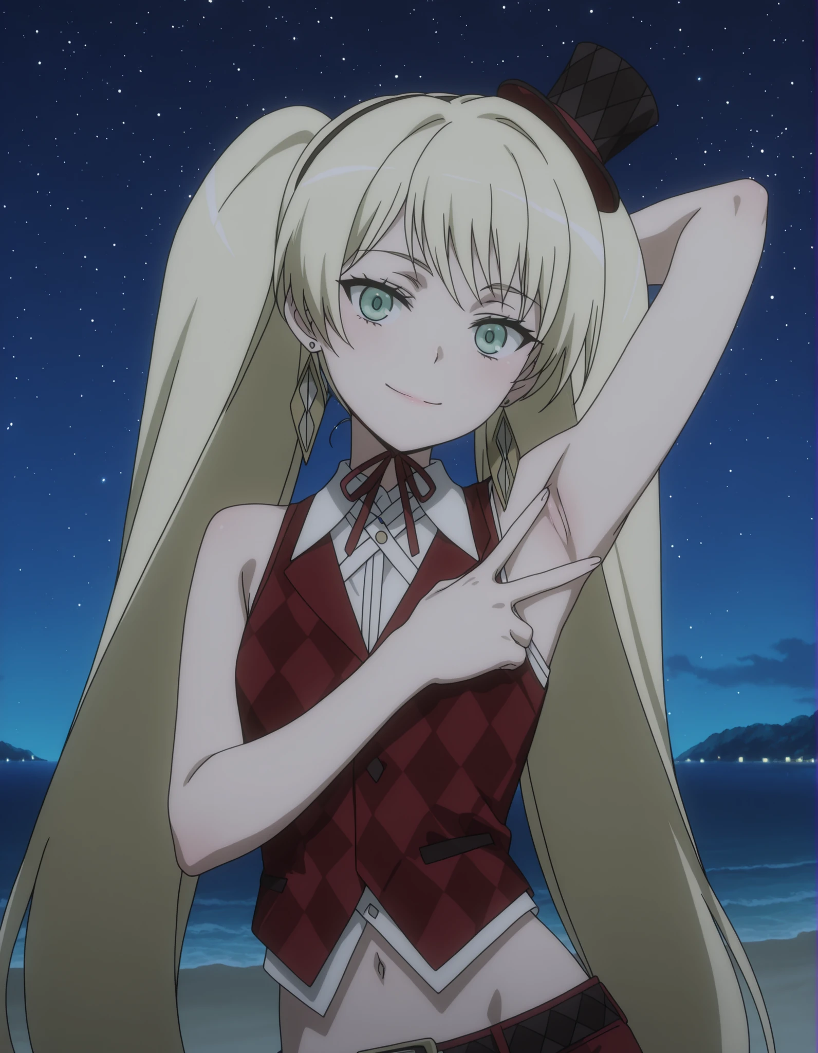 ladylee tangleroad, long hair, blonde hair, twintails, green eyes, anime screencap, hat, navel, jewelry, earrings, vest, mini hat, top hat, belt, shirt, sleeveless, ribbon, white shirt, collared shirt, neck ribbon, checkered clothes, high quality, closed mouth, solo, upper body, night sky, beach, hand behind head, spread armpit, armpits, armpit focus, V, ((contrapposto)), looking at viewer, smile, best quality,