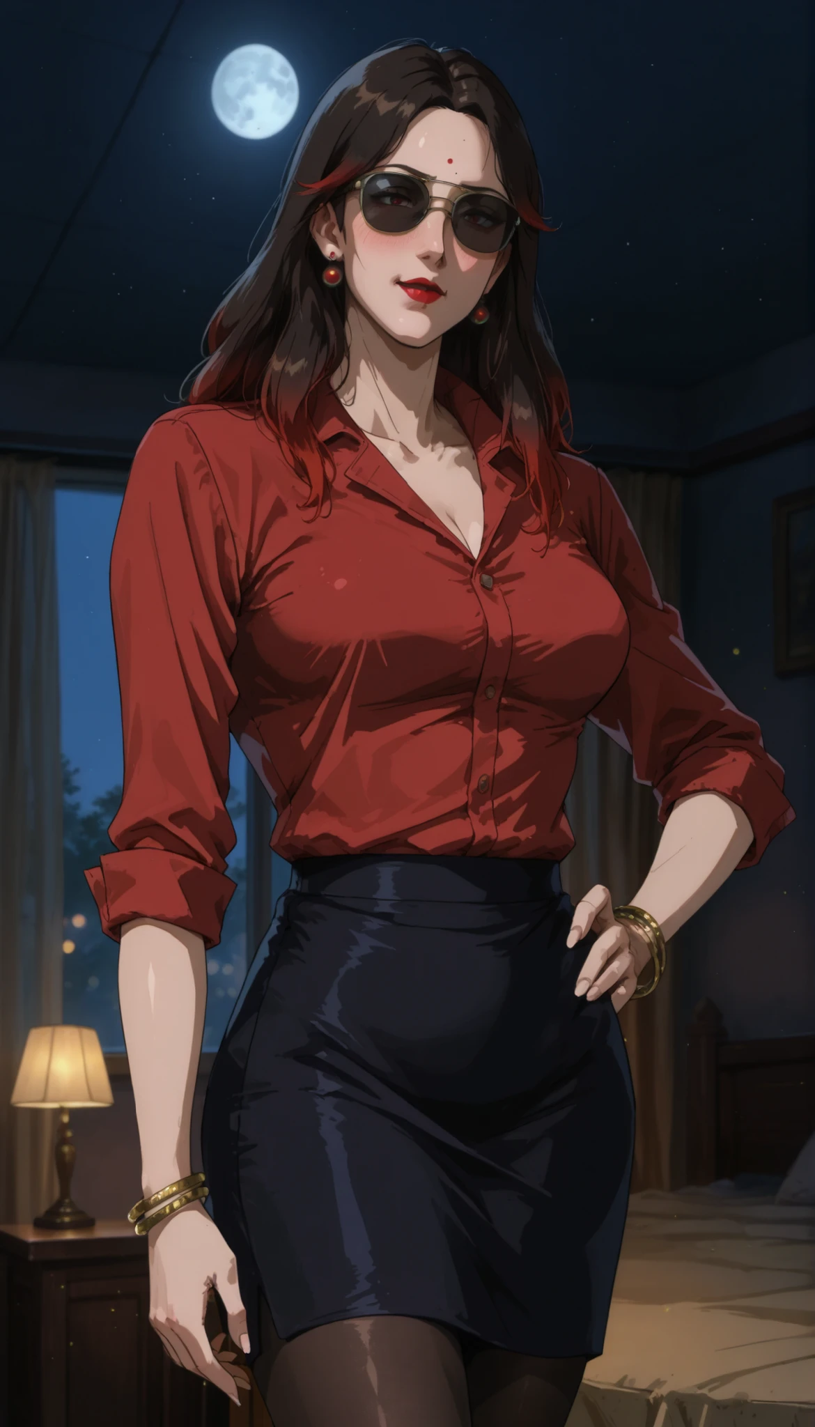 score_9,score_8_up,score_7_up,high resolution, detailed art,(realistic:0a.15),high quality, bokeh BREAK cowboy shot,k1r7u artstyle, A woman, mature female, housewife, slim body, medium breasts, mole mouth, (bangles), red shirt, folded sleeves, black pencil skirt, black pantyhose, sunglasses, red bindi, red mark on forehead, red lips, emerges from a calm, one hand on own hip, long hair, black and red gradient hair, wearing red earrings, red bangles, outdoor, public, sexy position. blush, red eyes. cowboy shot, masterpiece, best quality, amazing quality, very aesthetic, absurdres, indoor, leaving room, moon light, moon, m4n1m4l4 artstyle,