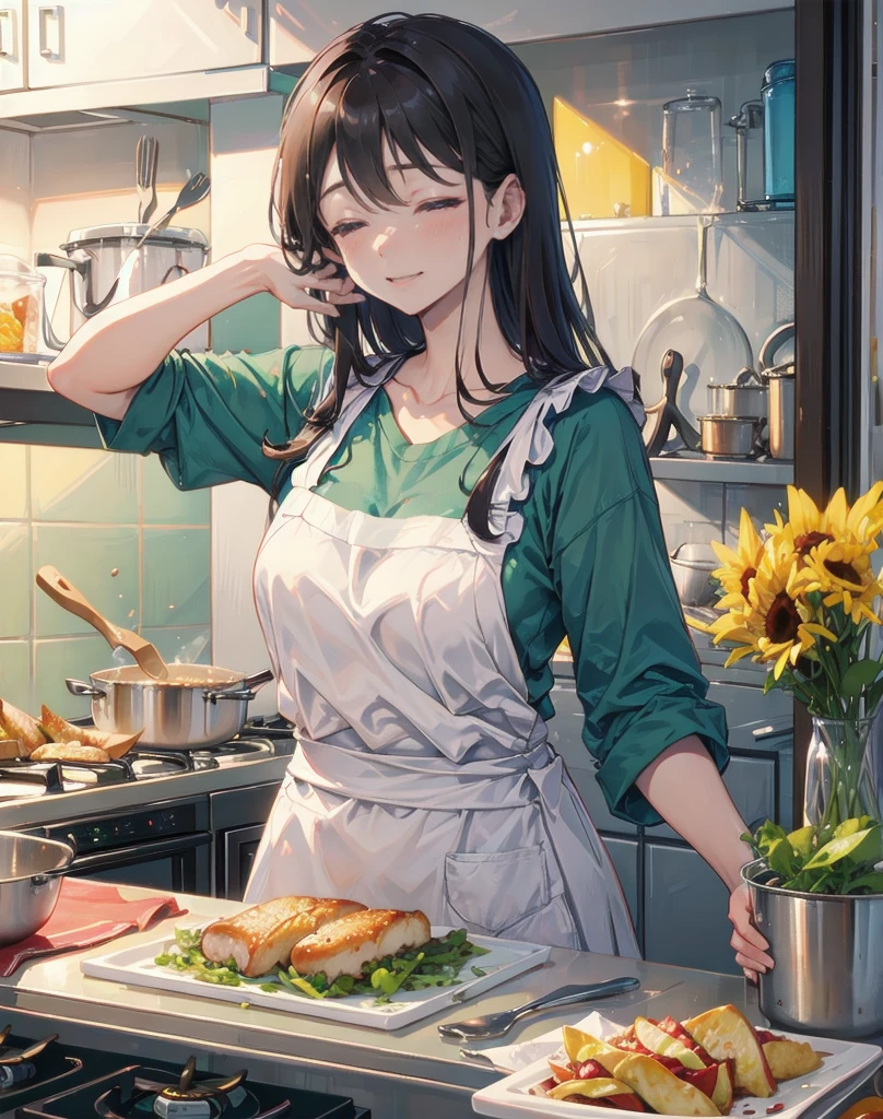 Beautiful, eyes closed, smiling, kind, single, 1 girl with long hair, black hair, brown-black eyes, kitchen outfit, brown-green tone. Hand holding a food cup