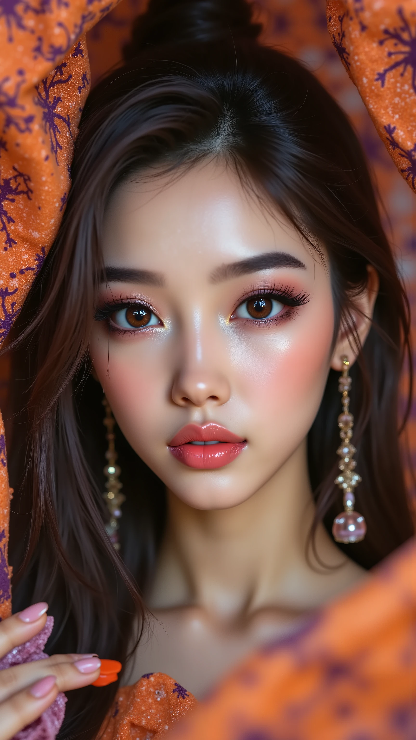  Portrait of a Japanese woman, fairy-tale image, fantastic backgrounds, magical, fairy-tale atmosphere, [vivid and colorful cashmere fabric, delicately embroidered with orange-purple spiderweb:0.6], Ultra-realistic (photorealistic Realism), (ultra realistic texture details: velvety skin, hair), (dark hair (long hair) Intricately detailed:1.35), wearing makeup: - "(professional pink_makeup:1.5),(Thin eyebrows),Carefully draw Long eyelashes:1.3,((perfect dark eyeshadows:1.4)),detailed lips:1.3,(apply glossy pink_lipstick:1.35)" (Key Directive: - "The priority is the anatomical accuracy and texture of the materials" - "Ultra-sharp human eyes with biological accuracy") Eyes: "(acid-resistant terminology) (macro-details:1 . 55): * Moist corneal surface (visible aqueous layer:1 . 2) * Hyper-detailed iris stroma ((brown) with gold flecks) * Precise limbal ring (slightly darker pigmentation:1 . 2) * Pupil micro-texture (irregular edge authenticity:0 . 9) * Vasculature in sclera (subtle red veins radiating from limbus)" - "Lashes: blue individual synthetic fibers (crosshatched roots:1 . 2 , clump-free separation)" Technical Specs: (Optics: - "Zeiss Otus85mm f/1 . 4 lens (eye refraction calculations:1 . 22)" - "Shutter Speed:1/500 (freeze eye micro-movements)" - "Focus Stacking:7-point coverage on iris plane"), (Post-Processing: - "Frequency separation for skin vs eye details" - "Selective sharpening: eyes200% , hair130%" (Avoid: "pupil distortion , uncanny valley asymmetry , plastic-like wetness") "angelic cute face, white teeth, perfect beauty, oiled skin. no blur sharp focus on all body"