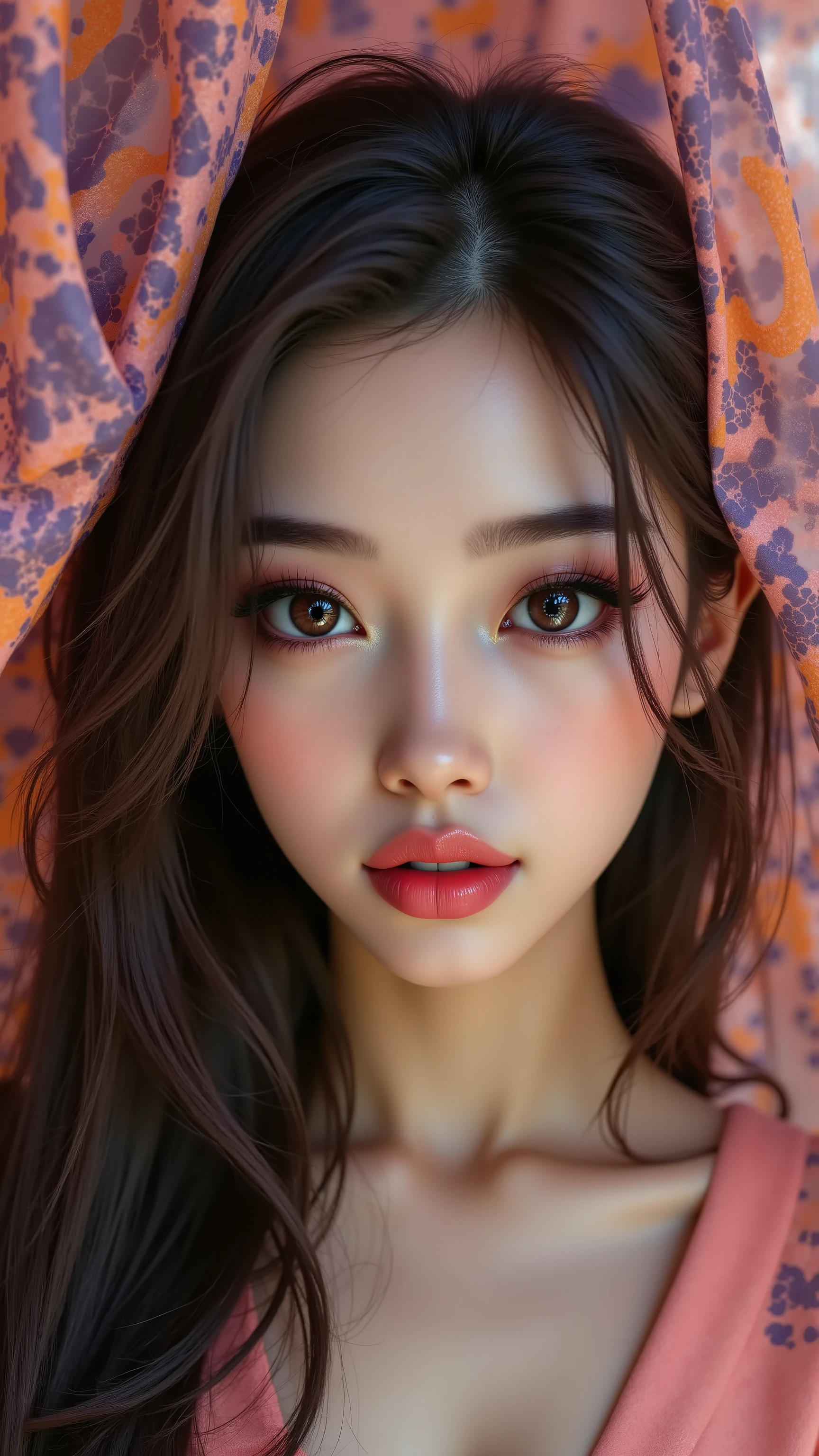  Portrait of a Japanese woman, fairy-tale image, fantastic backgrounds, magical, fairy-tale atmosphere, [vivid and colorful cashmere fabric, delicately embroidered with orange-purple spiderweb:0.6], Ultra-realistic (photorealistic Realism), (ultra realistic texture details: velvety skin, hair), (dark hair (long hair) Intricately detailed:1.35), wearing makeup: - "(professional pink_makeup:1.5),(Thin eyebrows),Carefully draw Long eyelashes:1.3,((perfect dark eyeshadows:1.4)),detailed lips:1.3,(apply glossy pink_lipstick:1.35)" (Key Directive: - "The priority is the anatomical accuracy and texture of the materials" - "Ultra-sharp human eyes with biological accuracy") Eyes: "(acid-resistant terminology) (macro-details:1 . 55): * Moist corneal surface (visible aqueous layer:1 . 2) * Hyper-detailed iris stroma ((brown) with gold flecks) * Precise limbal ring (slightly darker pigmentation:1 . 2) * Pupil micro-texture (irregular edge authenticity:0 . 9) * Vasculature in sclera (subtle red veins radiating from limbus)" - "Lashes: blue individual synthetic fibers (crosshatched roots:1 . 2 , clump-free separation)" Technical Specs: (Optics: - "Zeiss Otus85mm f/1 . 4 lens (eye refraction calculations:1 . 22)" - "Shutter Speed:1/500 (freeze eye micro-movements)" - "Focus Stacking:7-point coverage on iris plane"), (Post-Processing: - "Frequency separation for skin vs eye details" - "Selective sharpening: eyes200% , hair130%" (Avoid: "pupil distortion , uncanny valley asymmetry , plastic-like wetness") "angelic cute face, white teeth, perfect beauty, oiled skin. no blur sharp focus on all body"