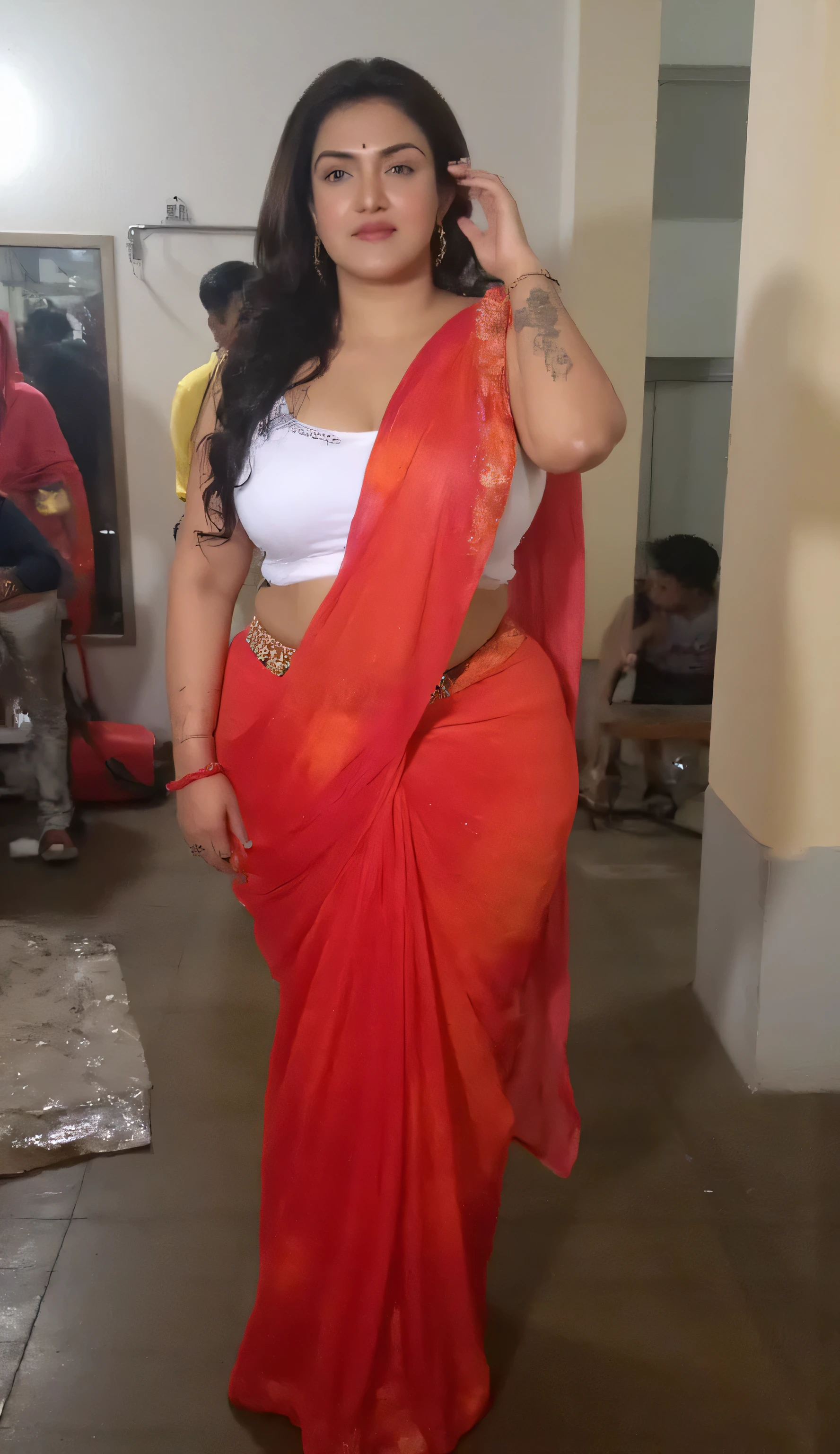 INDIAN MARRIED DESI BHABHI BRIDE , WET , BBW Full wet body picture , wet BBW Fat ass curvy milf woman IS LIFTING HER wet SAREE UP and showing her big curvy big ass in Tiny Black Thong Panty and sexy sleeveless White blouse in many red bangles , earings , lipstick , wet slutty body , sexy , mehandi henna on both hands , with other men in jeans , WET body , wet hair , Applying Sindoor (vermilion) in the parting of the hair , payal
