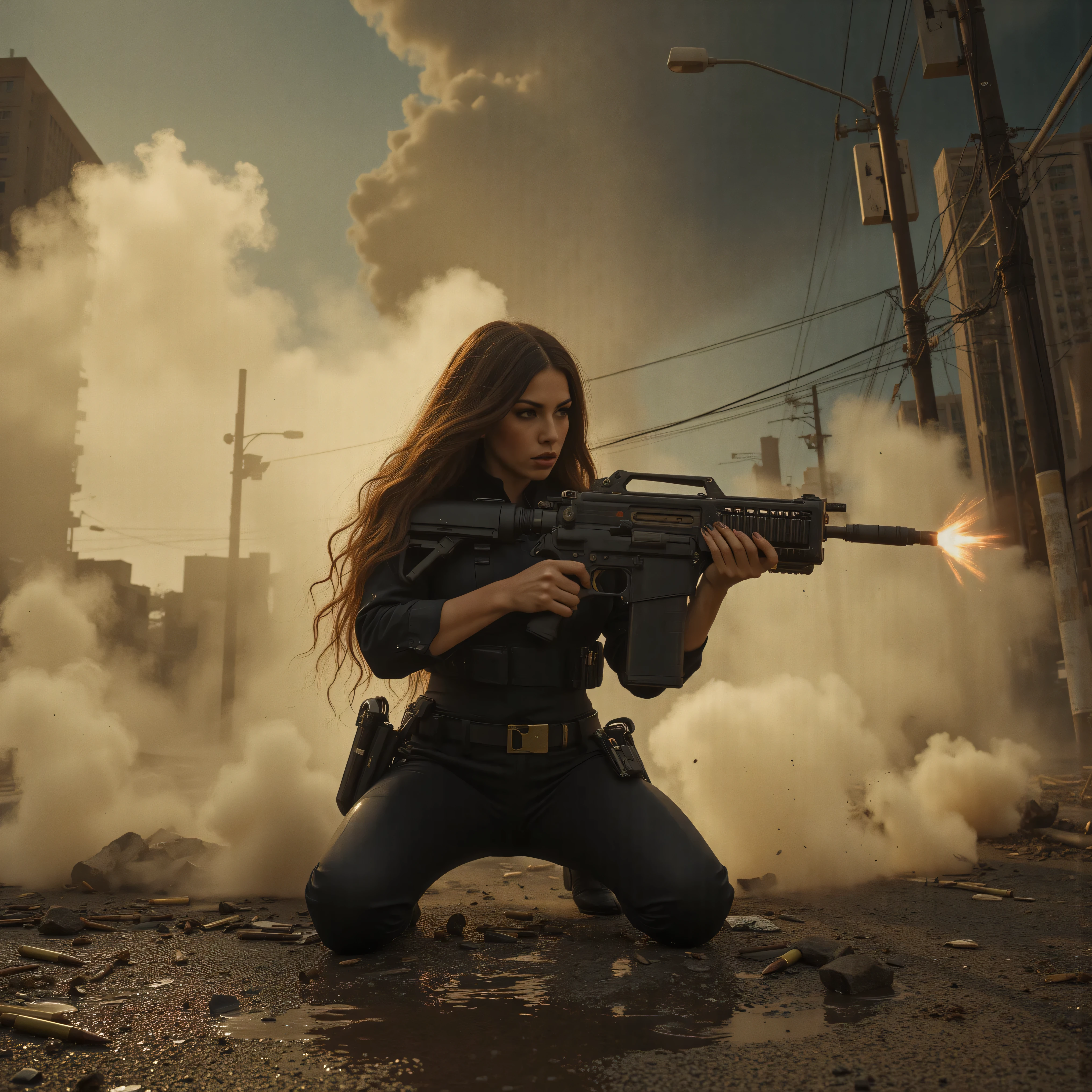 Ultra-realistic, photo-realistic, an ultra attractive woman with very long wavy dark hair, heavy black eye makeup up and wearing an all black SWAT type outfit is engaged in an urban warfare nightmare. The enormous automatic assault rifle she has blasts round after round in quick sessions as she shoots at the enemy while down on one knee. Authentic-looking muzzle flash is seen from the end of the barrel of the automatic weapon. Shell casings are quickly spit out of the side of the rifle The city is in complete ruin. Entire buildings are only half-standing, black and empty skeletal shells of what they were before being bombed, the streets'
asphalt is broken and street lights and power lines are down everywhere. The sky is dark from smoke and pollution with a brownish-yellow brightness that hangs in the air where the sun pitifully shines through While the ground is soaked from a leak at the local nuclear power plant, the liquid left over is multicolored, fizzing, and scary-looking. Large plumes of dust kick up around the woman as shots are fired at her and the bullets hit objects around her. A very dramatic action scene in an apocalyptic atrocity of a modern city turned into a battlefield. The background is a dystopian nightmare, and everything is destroyed. Cinematic photography, cinematography, realism, UHDR, hyperrealistic, physically-based rendering, realistic vision, and the highest quality images.