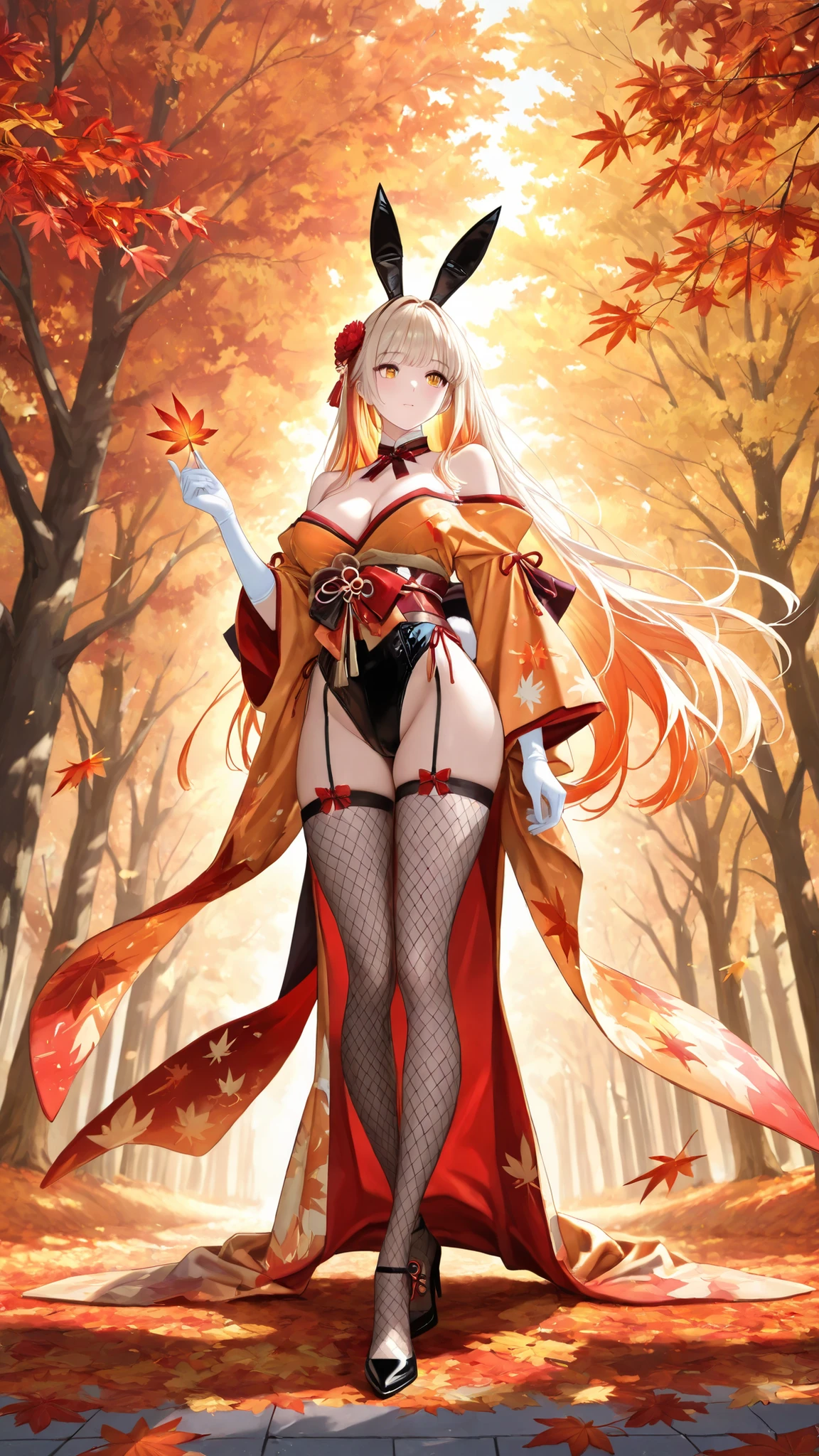 (masterpiece, best quality, ultra-detailed, anime-style illustration, dramatic cinematic shading), A beautiful bunny girl wearing a remodeled kimono made entirely of vivid autumn maple leaves and golden foliage. The kimono transforms into a skimpy bunny suit: the glowing autumn leaves form a fitting leotard with off-shoulder sleeves that flutter as crisp leaves fall, a wide obi-style band tied to a large ribbon at the back with a fluffy white bunny tail, and long gloves trimmed with golden-red leaves. She has elegant bunny ears decorated with maple leaves and small chrysanthemums, fishnet stockings, and glossy high heels. Her long hair sways gently, reflecting autumn colors. Vibrant warm tones, intricate leaf textures, glowing highlights, soft golden-orange lighting, floating falling leaves in the air, crisp autumn atmosphere, high resolution and superb quality.
