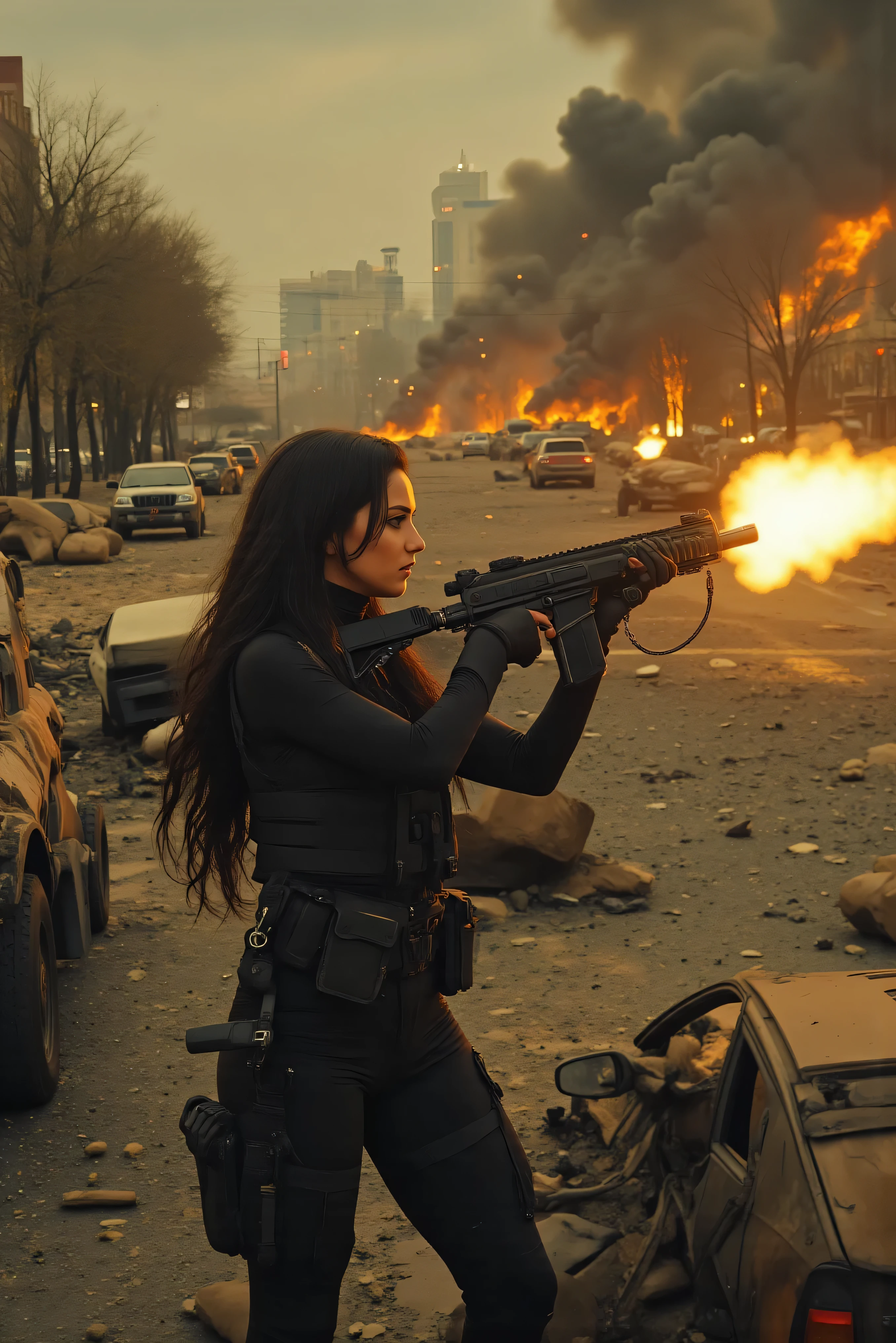 Ultra-realistic, photo-realistic, an ultra attractive woman with very long wavy dark hair, heavy black eye makeup up and wearing an all black SWAT type outfit is engaged in an urban warfare nightmare. The enormous automatic assault rifle she has blasts round after round in quick sessions as she shoots at the enemy from behind burnt-out vehicles she uses for cover. Authentic-looking muzzle flash is seen from the end of the barrel of the automatic weapon. Shell casings are quickly spit out of the side of the rifle The city is in complete ruin. Entire buildings are only half-standing, black and empty skeletal shells of what they were before being bombed, the streets'
asphalt is broken and street lights and power lines are down everywhere. The sky is dark from smoke and pollution with a brownish-yellow brightness that hangs in the air where the sun pitifully shines through While the ground is soaked from a leak at the local nuclear power plant, the liquid left over is multicolored, fizzing, and scary-looking. Large plumes of dust kick up around the woman as shots are fired at her and the bullets hit objects around her. A very dramatic action scene in an apocalyptic atrocity of a modern city turned into a battlefield. The background is a dystopian nightmare, and everything is destroyed. Cinematic photography, cinematography, realism, UHDR, hyperrealistic, physically-based rendering, realistic vision, urban warfare, automatic gunfire, injured civilians in the street, chaos, and the highest quality images. Ultra-realistic, photorealistic, battle in nuclear waste.