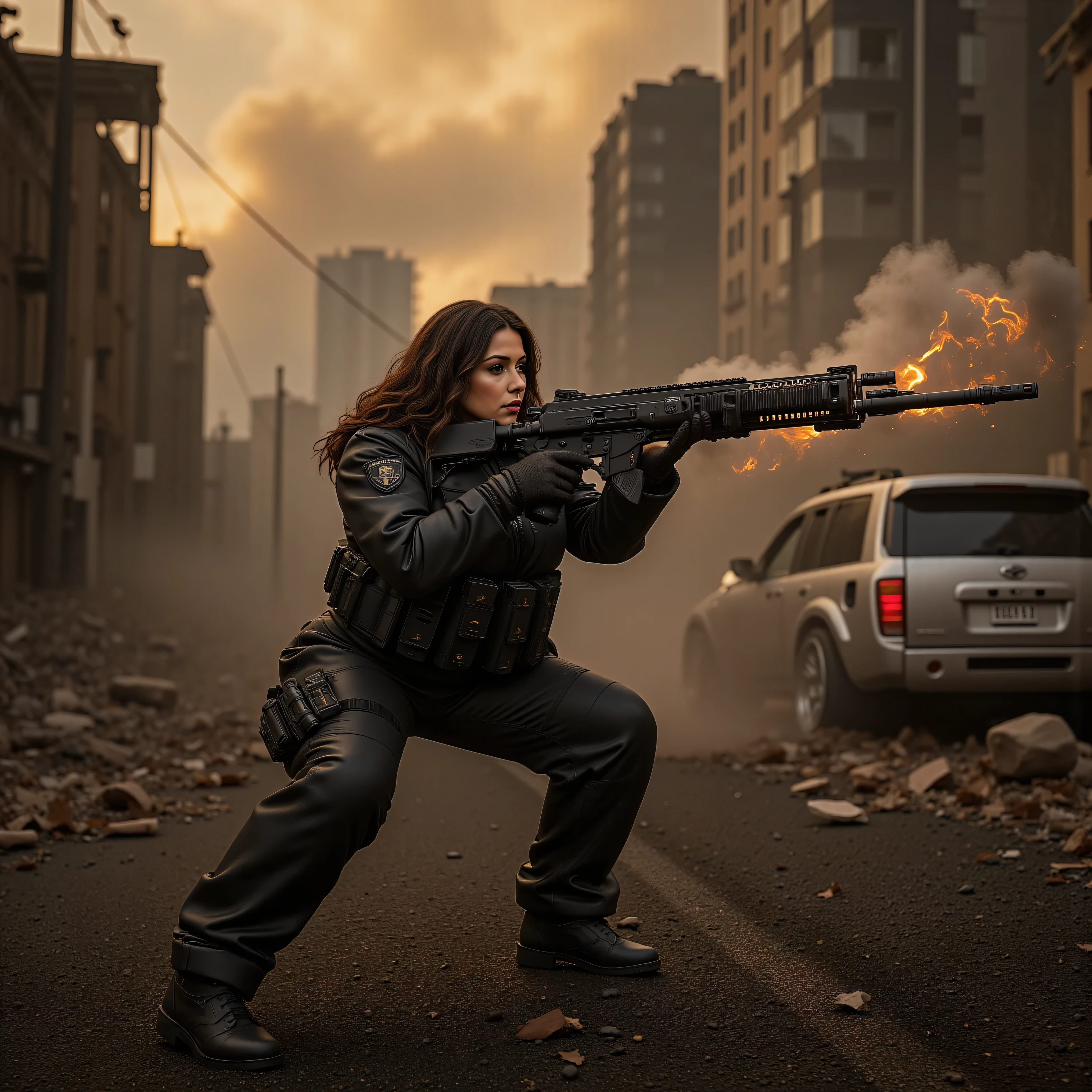 Ultra-realistic, photo-realistic, an ultra attractive woman with very long wavy dark hair, heavy black eye makeup up and wearing an all black SWAT type outfit is engaged in an urban warfare nightmare. The enormous automatic assault rifle she has blasts round after round in quick sessions as she shoots at the enemy. Authentic-looking muzzle flash is seen from the end of the barrel of the automatic weapon. Shell casings are quickly spit out of the side of the rifle The city is in complete ruin. Entire buildings are only half-standing, black and empty skeletal shells of what they were before being bombed, the streets'
asphalt is broken and street lights and power lines are down everywhere. The sky is dark from smoke and pollution with a brownish-yellow brightness that hangs in the air where the sun pitifully shines through While the ground is soaked from a leak at the local nuclear power plant, the liquid left over is multicolored, fizzing, and scary-looking. Large plumes of dust kick up around the woman as shots are fired at her and the bullets hit objects around her. A very dramatic action scene in an apocalyptic atrocity of a modern city turned into a battlefield. The background is a dystopian nightmare, and everything is destroyed. Cinematic photography, cinematography, realism, UHDR, hyperrealistic, physically-based rendering, realistic vision, and the highest quality images.