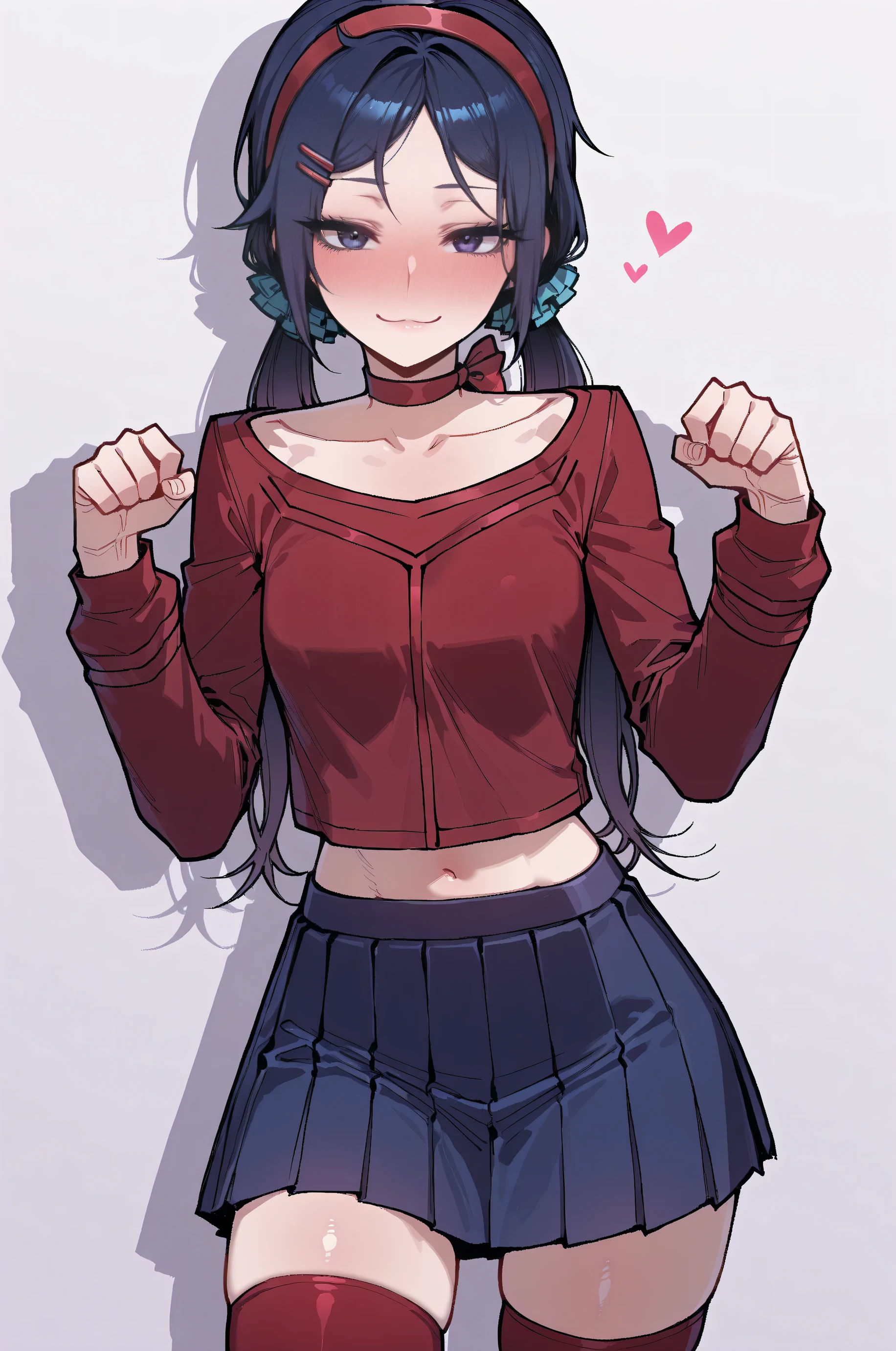 ratatatat74,highres, hi res, best quality, masterpiece, 2d, intricate details, 4k, anime coloring, shadow, uncensored, eyelashes, nose, nose blush,anime , anime face, long hair , dark blue hair, dark violet eyes, red hairband , red hairclips , hair ornament , twintails , low twintails. straight twintails, cyan scrunchies, parted bangs, red choker, ribbon choker, skirt, shirt, thighhighs, midriff . navel, , long sleeves, pleated skirt, blue skirt, zettai ryouiki, red shirt, red thighhighs, collarbone, <lora:paw-pose-ponyxl-lora-nochekaiser:1>, paw pose, :3. blush, naughty face , heart shaped face, cowboy shot, medium breasts, slim, toned, ecchi, upper body, five fingers, perfect fingers , female fingers, white background, looking at viewer. hearts ,