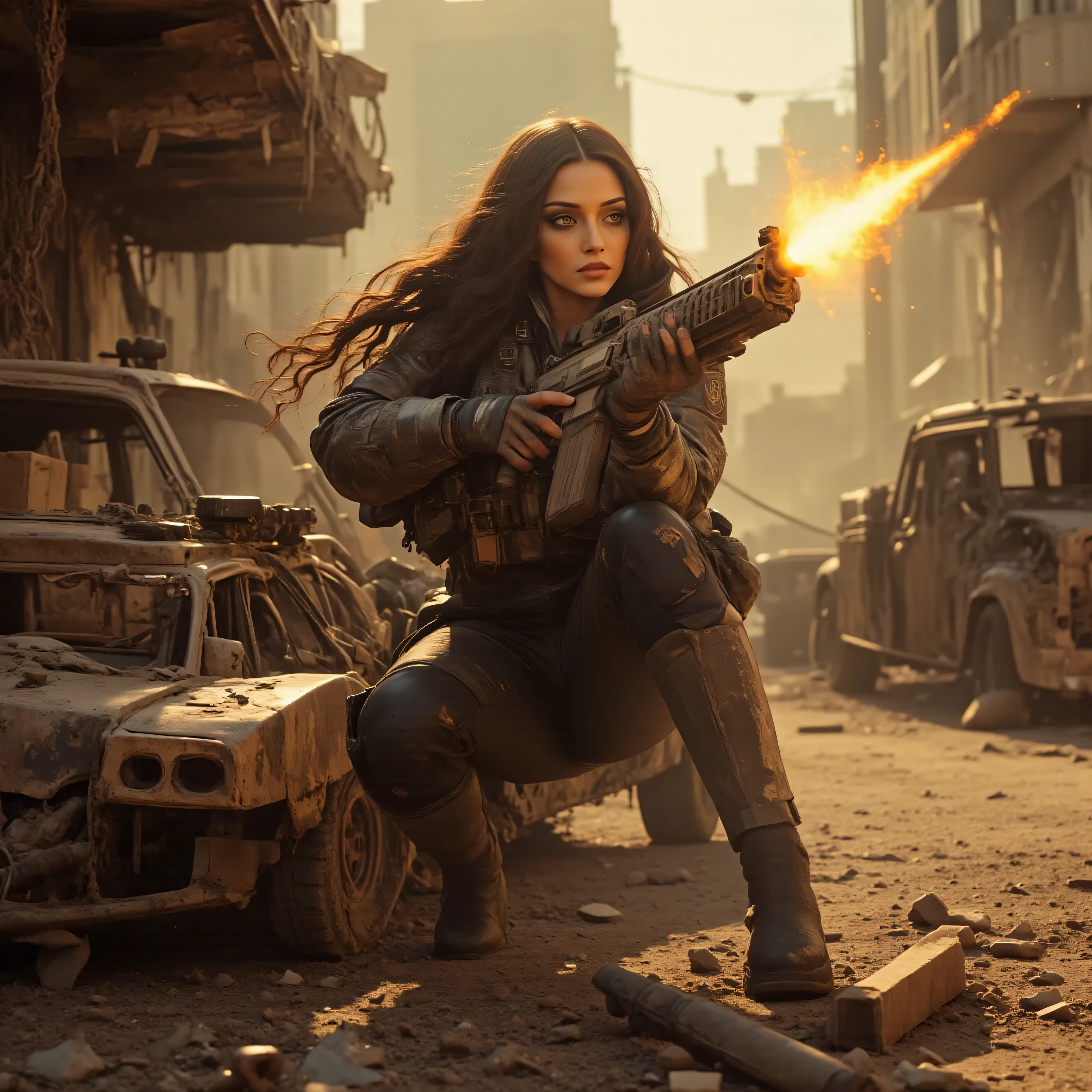 Ultra-realistic, photo-realistic, an ultra attractive woman with very long wavy dark hair, heavy black eye makeup up and wearing an all black SWAT type outfit is engaged in an urban warfare nightmare. The enormous automatic assault rifle she has blasts round after round in quick sessions as she shoots at the enemy while ducking for cover behind burnt-out vehicles. Authentic-looking muzzle flash is seen from the end of the barrel of the automatic weapon. Shell casings are quickly spit out of the side of the rifle The city is in complete ruin. Entire buildings are only half-standing, black and empty skeletal shells of what they were before being bombed, the streets'
asphalt is broken and street lights and power lines are down everywhere. The sky is dark from smoke and pollution with a brownish-yellow brightness that hangs in the air where the sun pitifully shines through While the ground is soaked from a leak at the local nuclear power plant, the liquid left over is multicolored, fizzing, and scary-looking. Large plumes of dust kick up around the woman as shots are fired at her and the bullets hit objects around her. A very dramatic action scene in an apocalyptic atrocity of a modern city turned into a battlefield. The background is a dystopian nightmare, and everything is destroyed. Cinematic photography, cinematography, realism, UHDR, hyperrealistic, physically-based rendering, realistic vision, and the highest quality images.