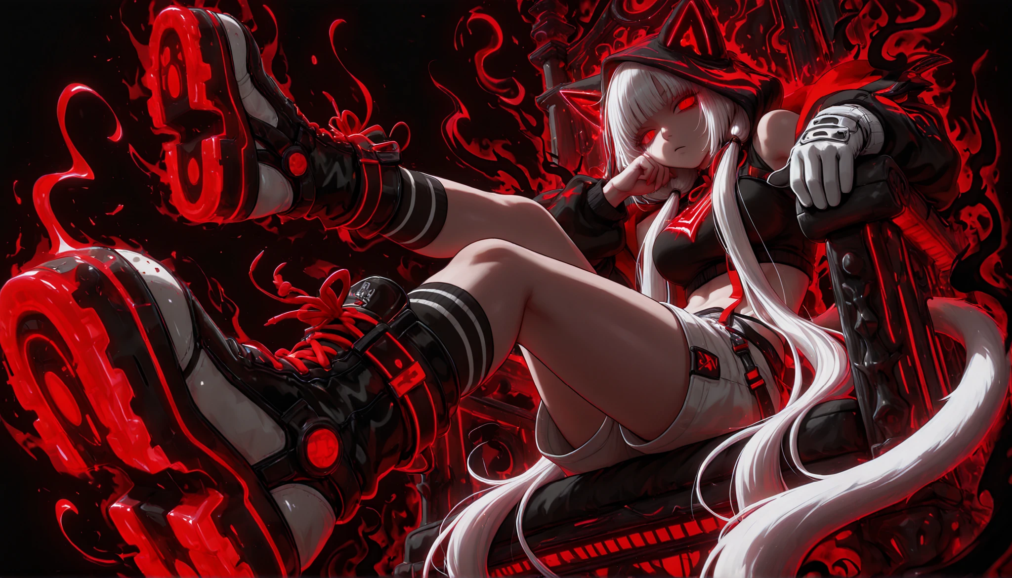 neon art, neon lineart, colorful neon lineart, neon silhouette, silhouette, neon colors, glowing, glow effect, bright outlines, vibrant colors, high contrast, dark background, digital art, 1girl, OC/Seira/, aegyo sal, very long eyelashes, empty eyes, glossy eyes, red eyes, white hair, very long hair, twintails, hair over shoulder, medium breasts, cold, cool, nonchalant, male cool clothes, cool fashion, intricate clothes, intricate accessories, intricate patterns, cool, stylish, black top, bare shoulders, crop top, hood, cat hood, hood up, hood with neon trims, white shorts, shorts with neon trims, intricate socks, asymmetrical socks, intricate boots, cat themed boots, black boots, single glove, white glove, solo, glowing eyes, looking at viewer, bored, head rest, sitting on throne, (from below), (from side:0.5), dynamic shot, dynamic view, dynamic composition, ((dynamic pose, foreshortening:1.3)), (((black aura))), dark, black theme, (((black background)))