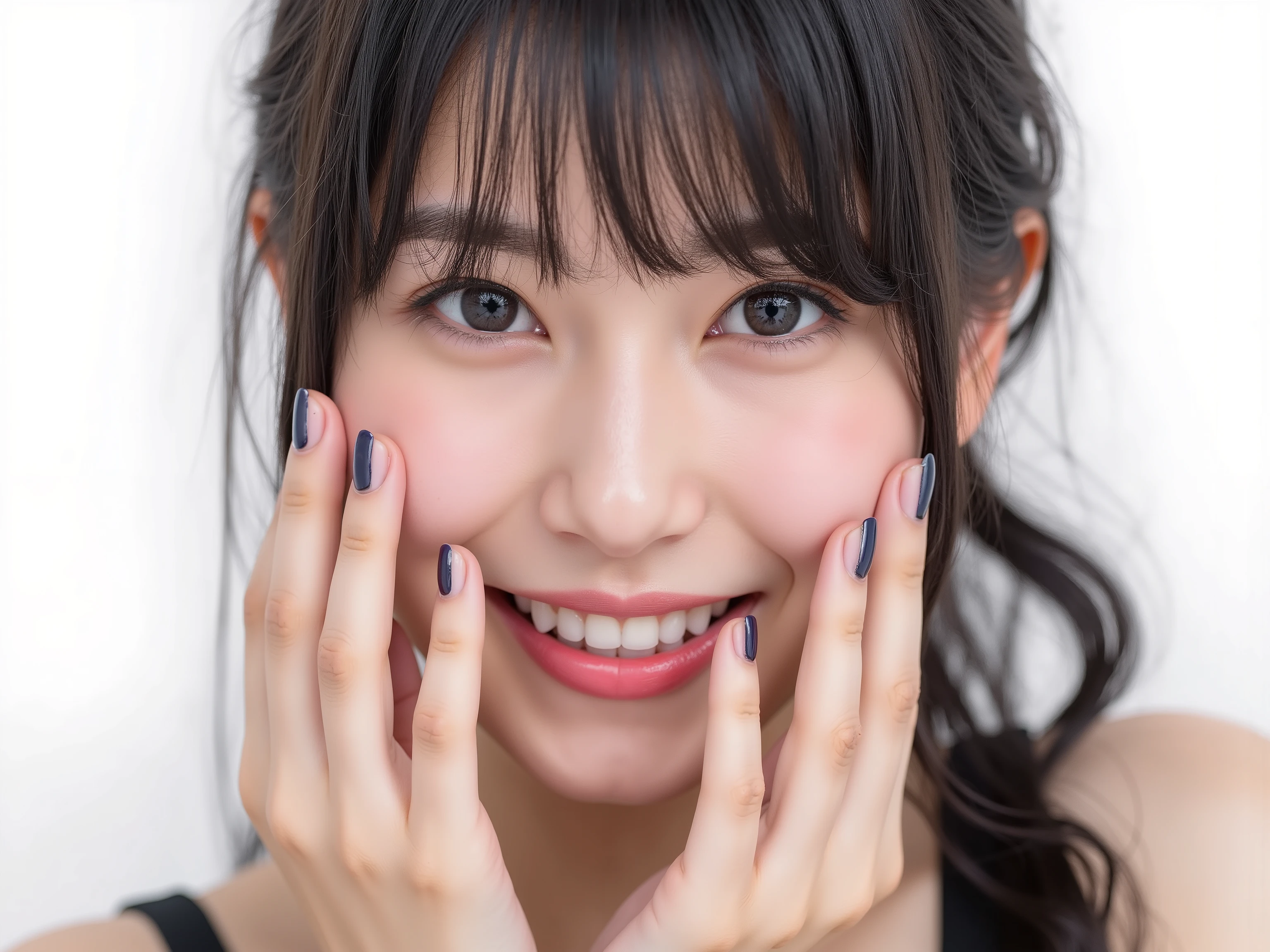 (Refined from an old photo, recreated in a modern, ultra high-quality photorealistic style, with a trendy Reiwa-era hairstyle: soft semi-long hair with natural waves and airy see-through bangs), 
Ultra photorealistic close-up portrait of a beautiful Japanese woman, 
upper-body shot, wearing a black outfit (completely out of frame, not visible), 
shoulders and collarbone softly exposed, 
both hands pressing her cheeks in a shy, lovestruck pose, 
sparkling eyes gazing dreamily at the viewer with overwhelming affection, 
cheeks blushing deeply with a sweet reddish glow, 
soft glossy lips curved into a bright, full, lovestruck smile, 
expression melting with love, playful, dreamy, adorably bashful, 
purely cute and lovestruck, overflowing with affection and warmth, 
realistic skin with detailed pores, subtle freckles, natural uneven tones, 
tiny imperfections for realism, soft peach fuzz visible, 
hair rendered with individual strands, slightly messy flow, natural matte shine, 
soft diffused cinematic lighting, natural depth, 
background pure white with gentle blur, 
(masterpiece, best quality, high resolution, intimate romantic close-up, cinematic magazine cover style)