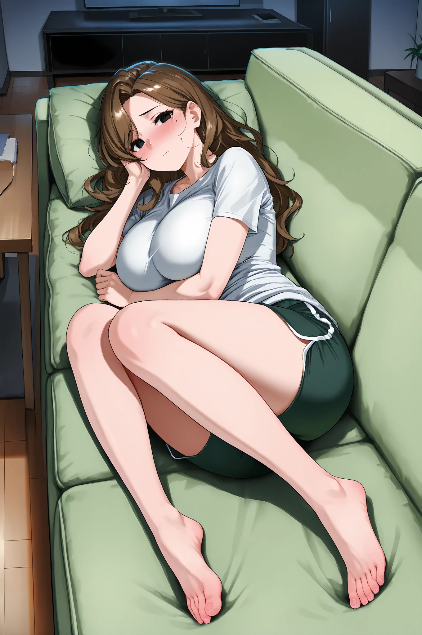 score_9, score_8_up, score_7_up, source_anime, rating_safe, intricate details, anime screencap, official style, 1girl, <lora:Rei:1>, rei, brown hair, blue eyes, twintails, hair over shoulders, large breasts, collarbone, cleavage, long skirt, green shirt, cross-laced clothes, white skirt, barefeet, hands on knees, full body, blush, looking at viewer, on bed, indoor, lying on stomach, blush, feet up, open mouth, breath