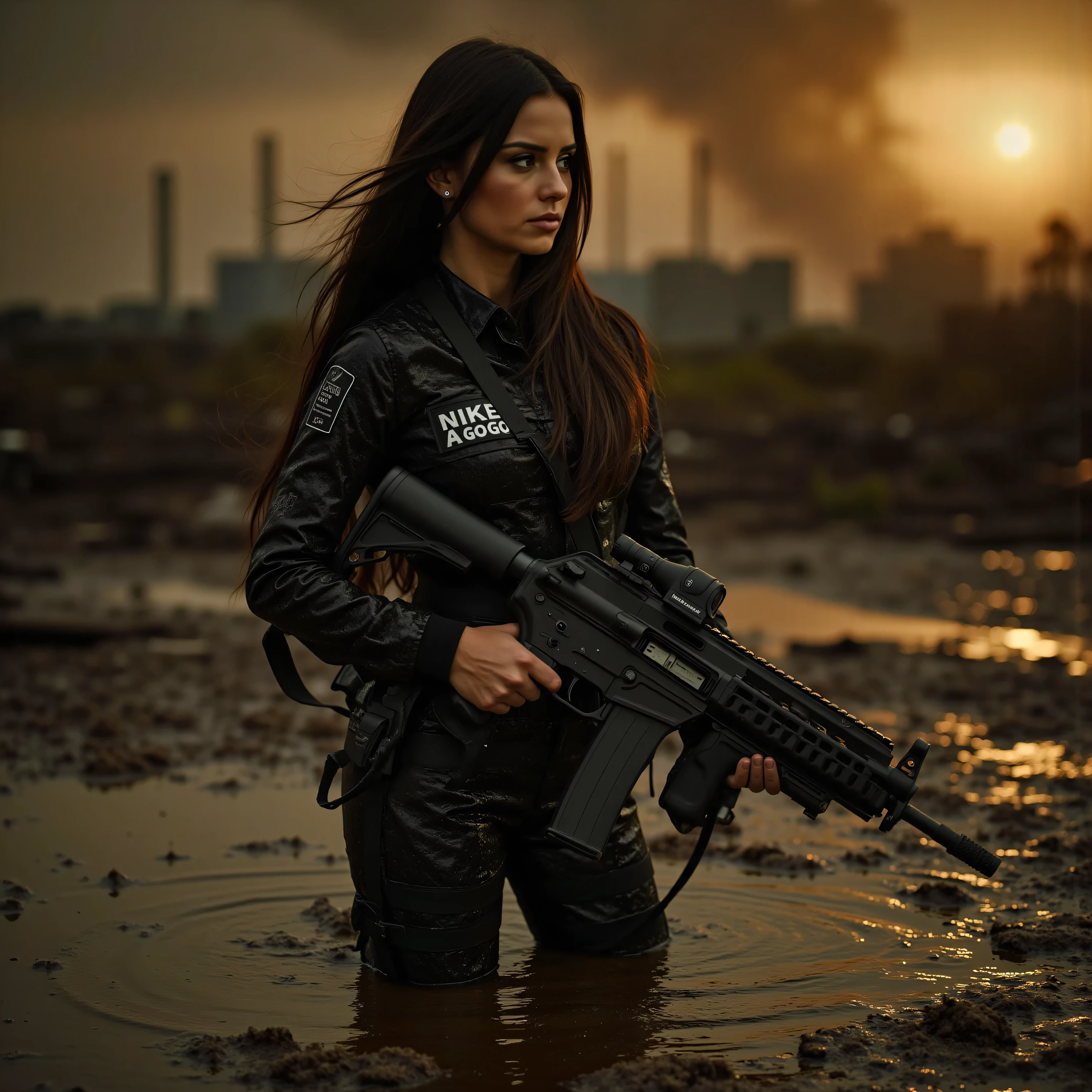 Ultra-realistic, photo-realistic, a gorgeous, ultraattractive very long dark dark-haired woman who is up to her waist in polluted multicolored liquid that is fizzing glowing toxic waste, run off from a leak at a nuclear plant. She is holding an enormous assault rifle with a shoulder strap, two scopes, and a double clip that is duct-taped together so that as soon as one is empty the same double clip can be flipped over and used again fully loaded. Action Painting scenes of her in combat with the enemy. Shooting the assault rifle while ducking for cover behind burnt-out vehicles. The woman has very pale skin, dark black eye make-up around very alert flashing eyes, she wears black SWAT-style fatigues, and has several pistols holsters attached to her belt with several clip pouches alongside them. The name sewn into the left side of her shirt above the pocket is "NIKE A GO GO". Nike is her name, remember it. Deadlier than any girl on any world. Nike be good, Nike be everything a woman's not. Nike take my life along with yours, go, go, go, go, go. Where will I go when it's over? There I go and then it's over. Dystopian landscape background, ultra-detailed and ultra-textured, the sky is dark from smoke and pollution with a brownish yellow brightness around the sun. Cinematography, cinematic photography, realistic vision, hyperrealism, surrealism, aesthetic aspirations bordering on apocalyptic atrocity, in a wartorn city made worse by nuclear waste disasters.