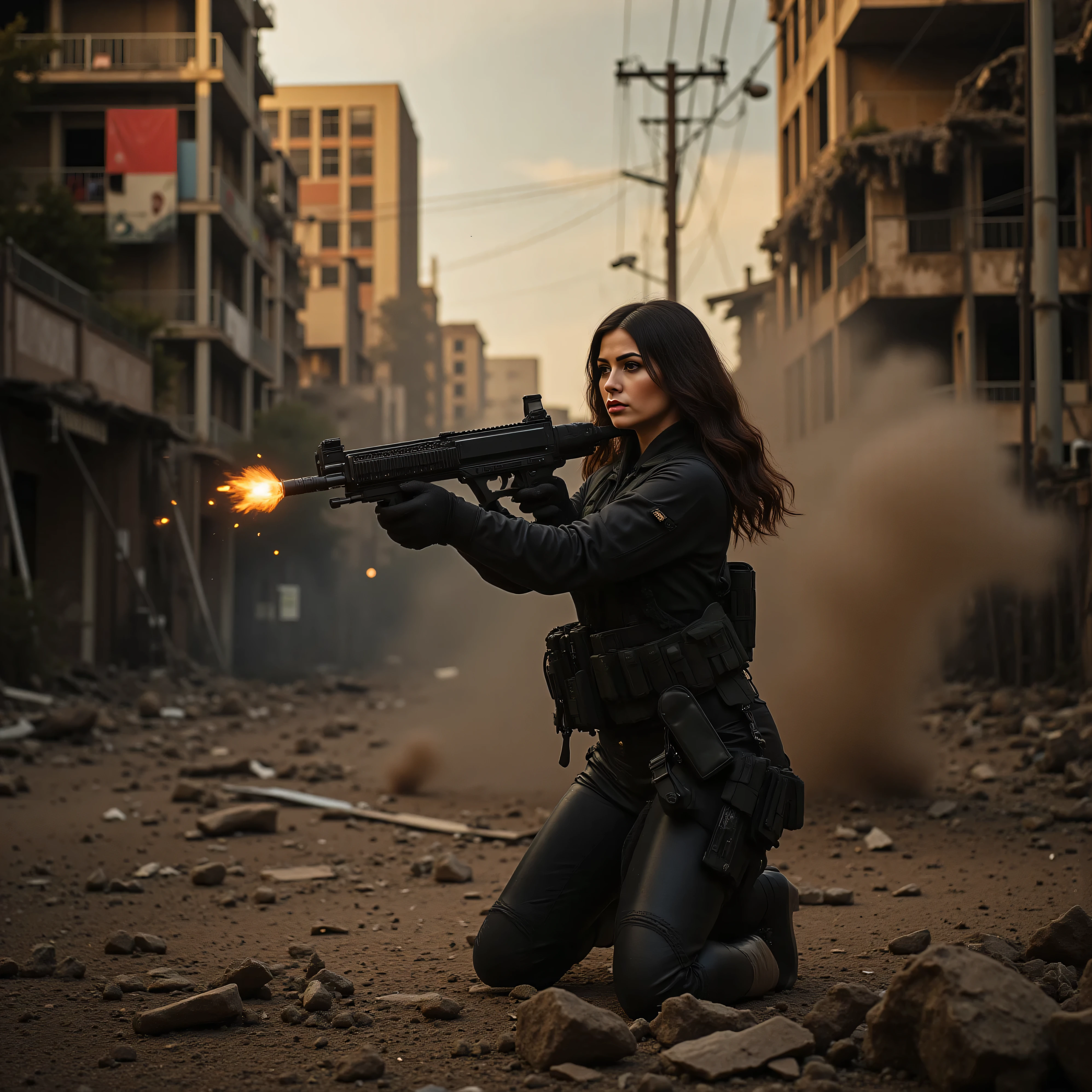 Ultra-realistic, photo-realistic, an ultra attractive woman with very long wavy dark hair, heavy black eye makeup up and wearing an all black SWAT type outfit is engaged in an urban warfare nightmare. The enormous automatic assault rifle she has blasts round after round in quick sessions as she shoots at the enemy. Authentic-looking muzzle flash is seen from the end of the barrel of the automatic weapon. Shell casings are quickly spit out of the side of the rifle The city is in complete ruin. Entire buildings are only half-standing, black and empty skeletal shells of what they were before being bombed, the streets'
asphalt is broken and street lights and power lines are down everywhere. The sky is dark from smoke and pollution with a brownish-yellow brightness that hangs in the air where the sun pitifully shines through While the ground is soaked from a leak at the local nuclear power plant, the liquid left over is multicolored, fizzing, and scary-looking. Large plumes of dust kick up around the woman as shots are fired at her and the bullets hit objects around her. A very dramatic action scene in an apocalyptic atrocity of a modern city turned into a battlefield. The background is a dystopian nightmare, and everything is destroyed. Cinematic photography, cinematography, realism, UHDR, hyperrealistic, physically-based rendering, realistic vision, and the highest quality images.