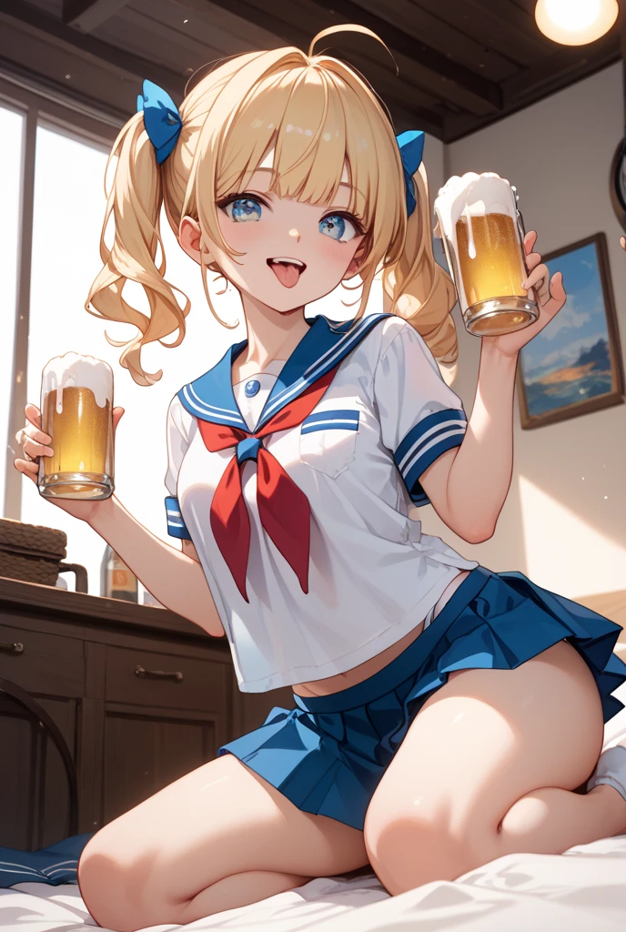 cute,girl,(blonde hair:1.2),(wave hair:1.1),(blue eyes:1.1),🍻,Cheers with beer🍺,(living room:1.3),smile,(シャツワンピースとスパッツ:1.1).