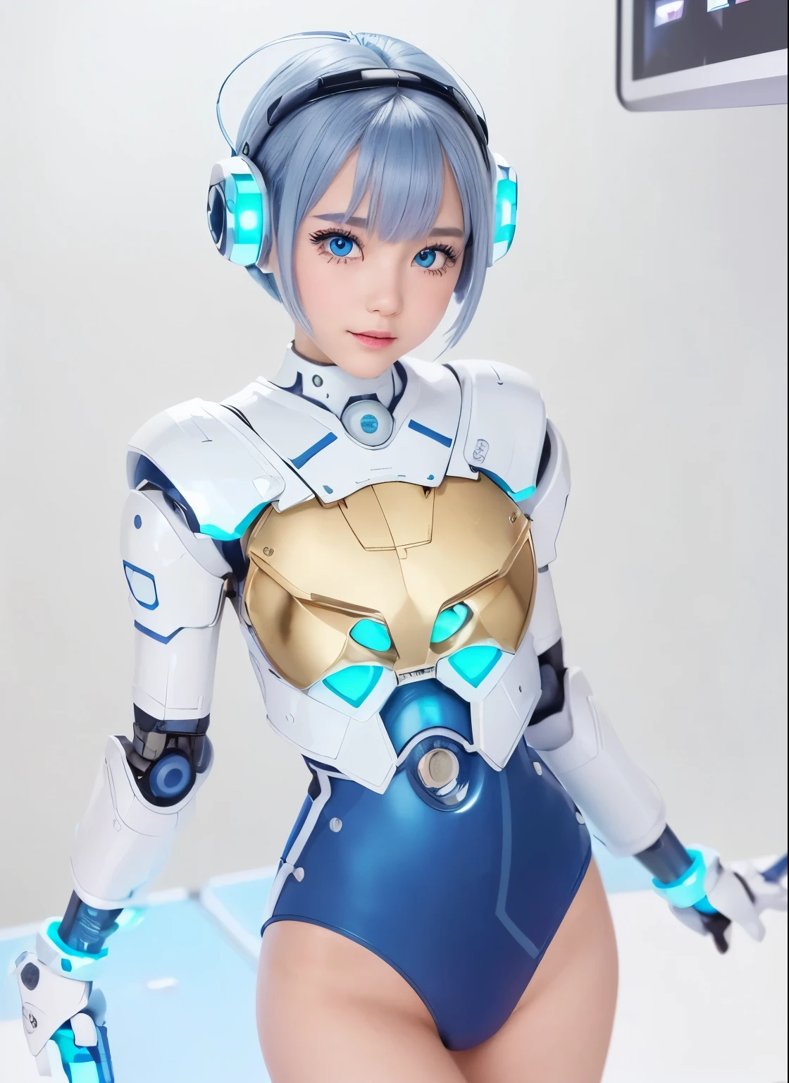 (Highest Quality, high resolution, masterpiece:1.2), Super Detailed, realistic:1.37,(perfect anatomy),1 girl, cowboy shot,cute and totally beautiful Japanese idol woman,Transforming into a robot in the operating room ,(Lots of cables:1.1),Lots of tubes,Monitor screen,(Popular idol robot:1.1),standing,(Blue collar contact lenses:1.4),(glowing eyes:1.3),beautiful eyes,beautiful skin, detailed facial features, Complex Hair, Detailed Costumes, Beautiful Lips,(Cute Blue and White Idol Robot Suit, skirt, and futuristic design boots:1.1),　Metal Necklace,futuristic electric hair accessories, sexy makeup,,Light blue bob cut，Moe pose、Laughter, 　Cyber Lab