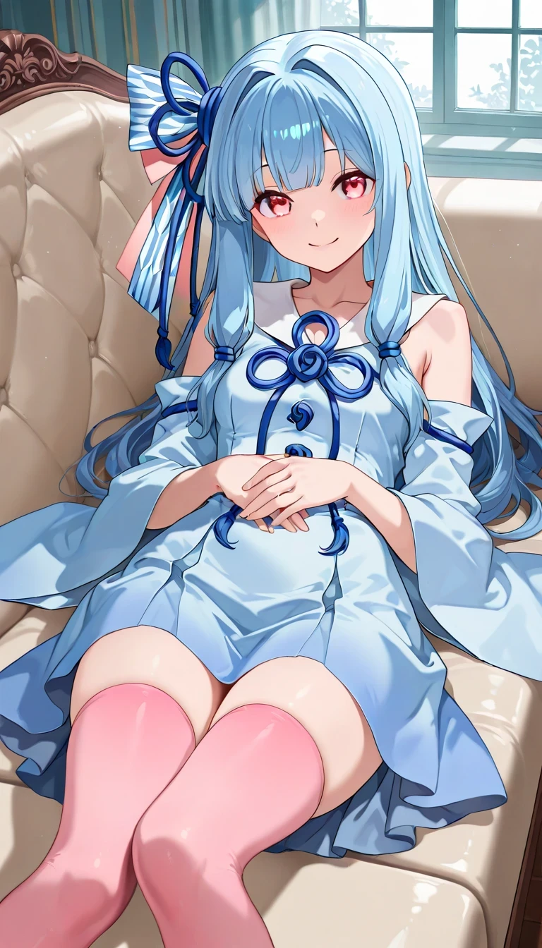anime style, masterpiece, best quality, ultra detailed, highres, 8k, smile, 1 girl,
Kotonoha Aoi, hair ribbon, multicolored ribbon, light blue collared dress, white sailor collar, detached sleeves, wide sleeves, blue ribbon, light blue skirt, thighhighs, lying on a couch, , In a Mansion.