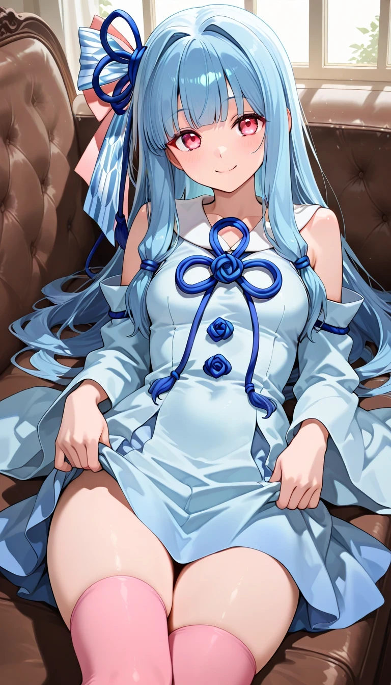 anime style, masterpiece, best quality, ultra detailed, highres, 8k, smile, 1 girl,
Kotonoha Aoi, hair ribbon, multicolored ribbon, light blue collared dress, white sailor collar, detached sleeves, wide sleeves, blue ribbon, light blue skirt, thighhighs, lying on a couch, lifting her skirt, In a Mansion.