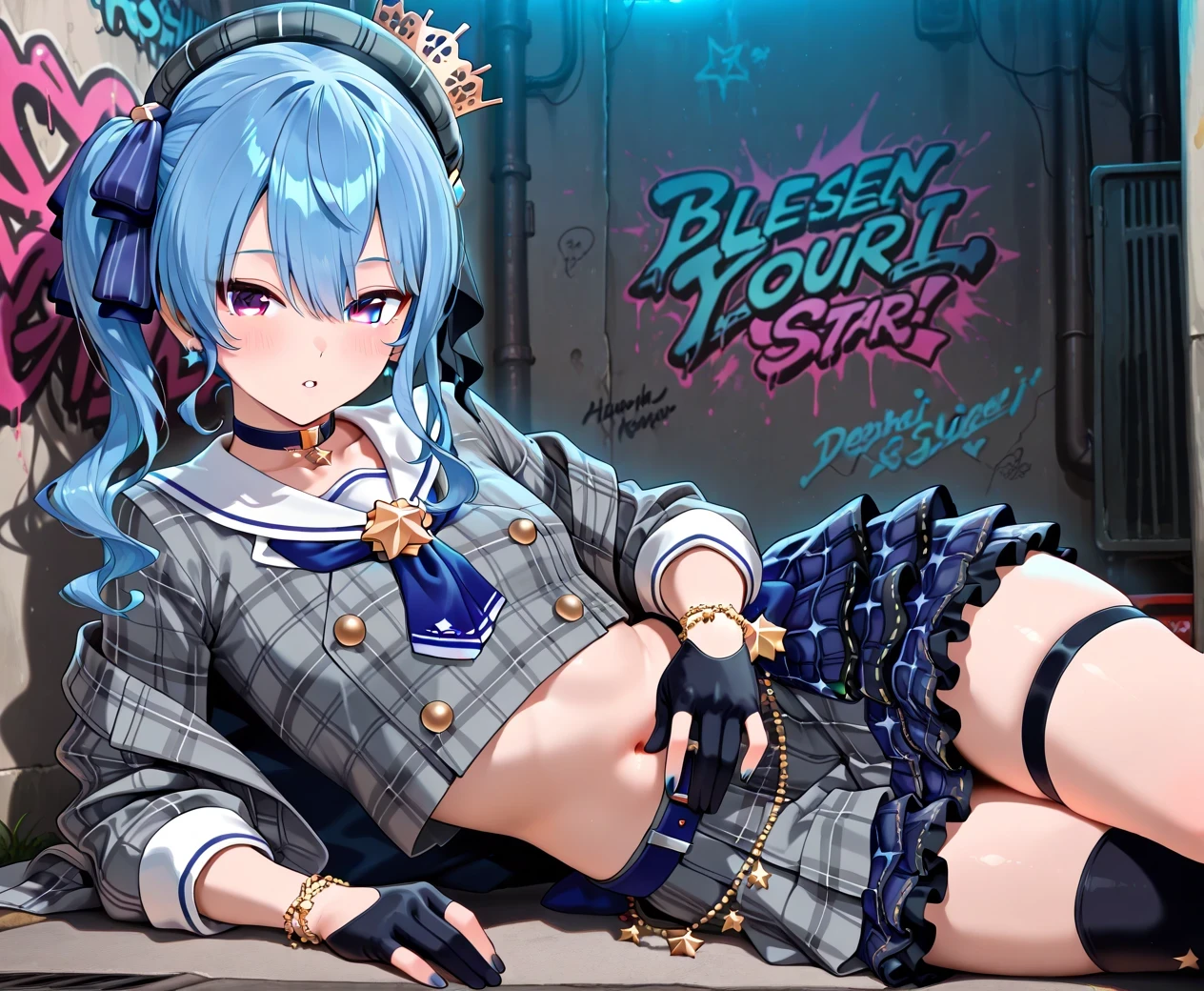 Hoshimachi Suisei, blue eyes, blue hair, side ponytail, plaid beret, crown, blue star choker, star earrings, blue ascot, plaid jacket, grey jacket, white sailor collar, plaid skirt, grey skirt, layered skirt, blue skirt, partially fingerless gloves, star bracelet, uneven legwear, thigh strap, graffiti alley, from front, looking at viewer, (lie on your stomach:1.3), are sleeping