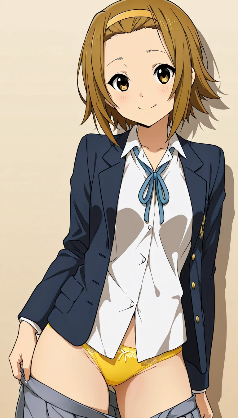 anime style, masterpiece, best quality, ultra detailed, highres, 8k, smile, 1 girl,
Tainaka Ritsu, blazer, collared white shirt, pleated skirt, take off your skirt , panties