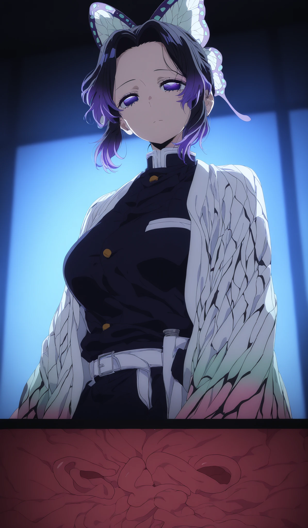 glow,anime screencap,dark room,high resolution images , masterpiece, Best Quality, great quality, absurdres,ultra detailed,8K, volumetric lighting, depth of field, 1girl,       shinobu kochou, animal print, black hair, butterfly hair ornament, butterfly print, forehead, gradient hair, hair ornament, haori, multicolored hair, parted bangs, purple hair, short hair, two-tone hair,               onahole xray,  cross-section, uterus