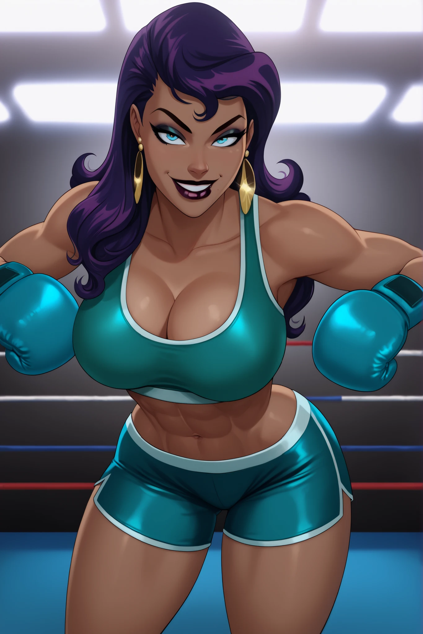 BREAK, score_9, score_8_up, score_7_up, score_6_up, masterpiece, high quality, NorCirce, 1girl, solo, purple hair, long hair, blue eyes, earrings, jewelry, very , cleavage, curvy, athletic, dark-skinned female, lipstick, makeup, looking at viewer, seducing viewer, teasing viewer, smile, closed mouth, expression, bedroom eyes, busty, teal green sports bra, teal green boxing shorts, teal green boxing gloves, standing, indoors, boxing ring, portrait, upper body, closeup, leaning forward, dark purple eyeshadow, thick thighs, wide