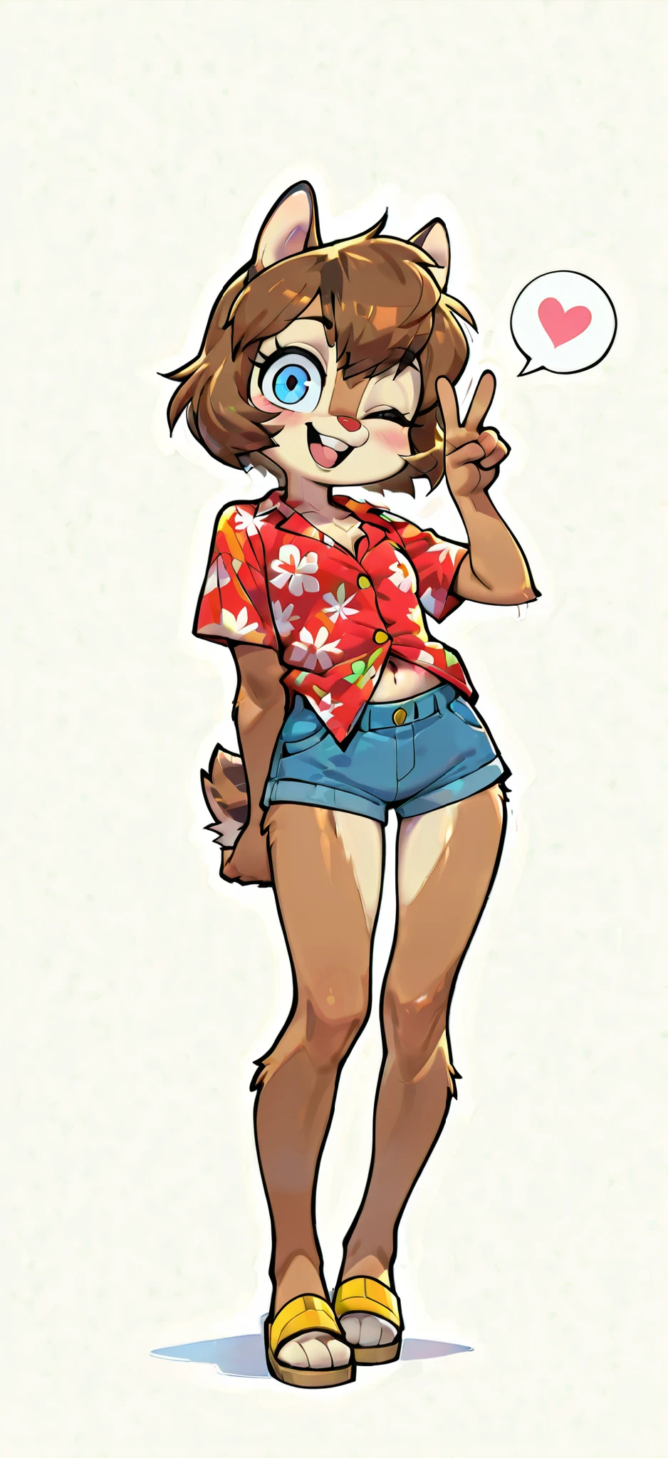 score_9, score_8_up, score_7_up, score_6_up,, hi_res, furry_source, absurdres, masterpiece, best quality, amazing quality, Chip'n Dale Rescue Rangers, 1girl, solo, alone, Femdale, furry, anthro, chipmunk girl, brown fur, blue eyes, chipmunk tail, red nose, brown hair, short hair, bangs, short body, short stature, ((red hawaiian shirt, claveage, one button fastened, denim shorts, sandals)), small breasts, navel, (very skinny:1.0), (Small, Short:1.1), (young cub:1.2), full body, feets with three toes, spread buckteeth, white background, simple background, adorable pose, standing, spoken heart, smile, open mouth, wink, one eye closed, v, peace sign with one hand, seductive stare, sfw,