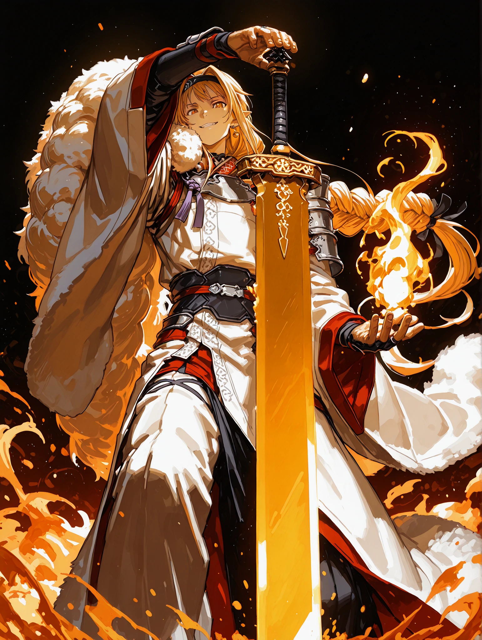 A short, solitary male character, a young teenager, about 1.5 meters tall. He stands alone against a deep black background, making him stand out vividly. His physique, face, and height are exactly like Lloyd de Saloum.
He has long blond hair, styled exactly like Alice Zuberg's from Sword Art Online, with a braid tied in the middle with a black ribbon before flowing freely. A black headband, identical to Alice Zuberg's, rests on his head. His golden eyes shine brightly. His expression is provocative and confident, marked by a bold, mocking smile. He has pointy ears and a golden monkey tail.
Outfit:
He wears an ornate white Chinese robe. Draped over his right shoulder is a flowing golden fur cloak (like Sesshoumaru’s), soft and radiant like a divine cloud, falling almost to the ground along his back. The cloak is fastened with gold medals and chains that cross to his left shoulder. He has a golden pauldron on his left shoulder with the design of an oni face.
Weapon:
In his right hand, he firmly grips a gigantic Japanese greatsword with a golden blade and black details on the blade with three black rings attached to the blade. The guard and hilt of the greatsword are black and there is dark energy emanating from the blade.
In his left hand, he holds a golden flame with glowing points, radiating power. In his left hand, he holds a golden flame with glowing points, radiating power.
Pose and Atmosphere:
He assumes a bold, dynamic battle stance, facing the viewer directly with a playful yet arrogant look. His left hand conjures a golden sphere of energy streaked with glowing red sparks, radiating raw power.
Atmosphere and Style:
Male character, youthful energy.
Ultra-detailed, sharp, clean anime style. Deep black background with cinematic lighting accentuating his short stature and powerful aura. Golden jeweled earrings glimmer in the light.
The character is a boy. The character is male. The character is male.