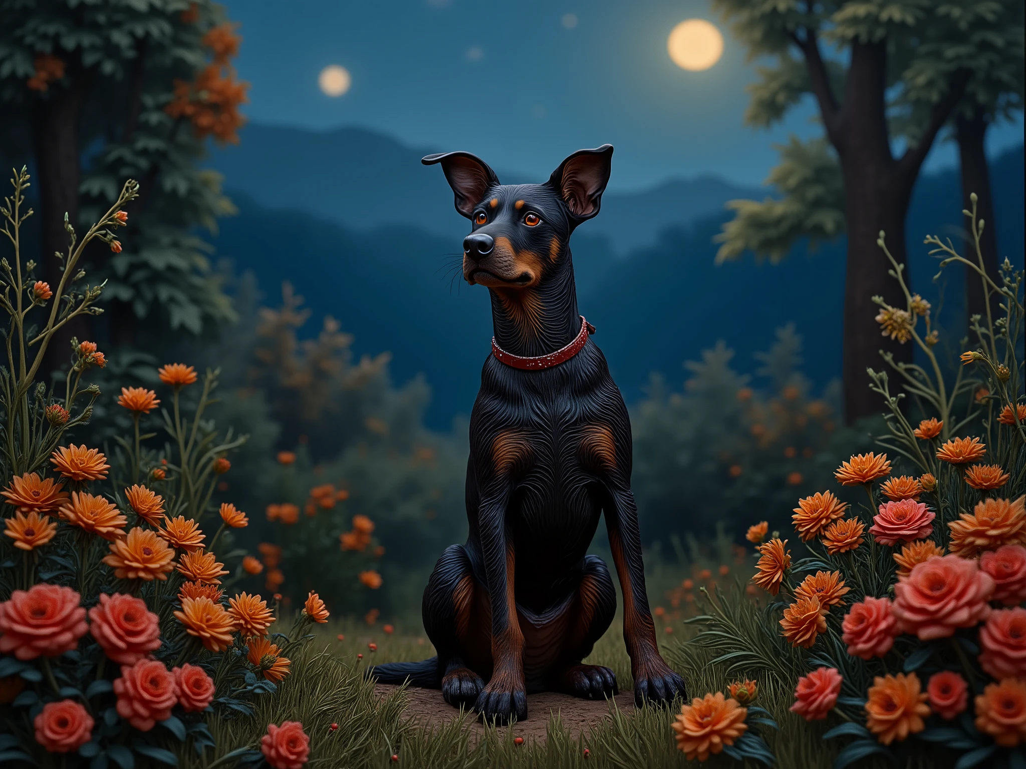a Doberman dog, realistic, detailed, detailed facial features, standing in a garden, filled with colorful flowers, moonlit night, dramatic lighting, photorealistic, 8K, physically-based rendering,professional,vivid colors,intricate details