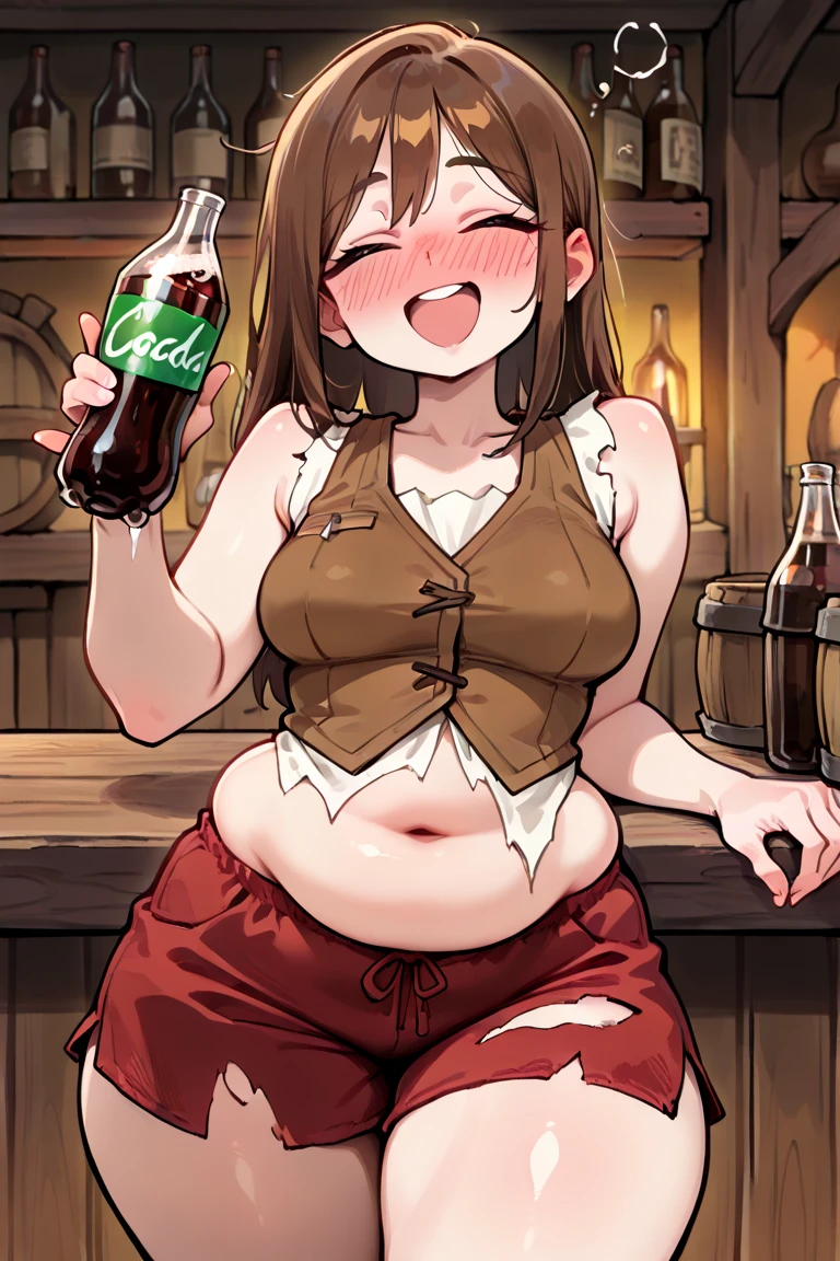 , masterpiece, sitting, insanely hot (woman 1) using  clothes, (((cute pose)), (thick thigths), (laughing), blushed face, red eyes, brown hair, eye patch, medival tavern, beer, gigantic , from above, drunk