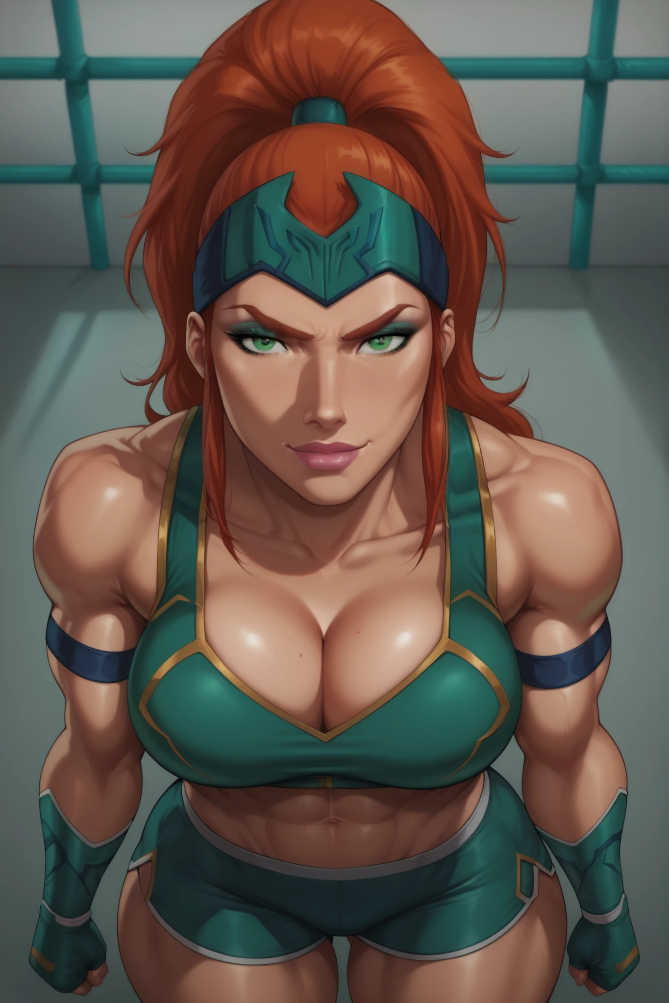 BREAK, score_6_up, score_9, score_8_up, score_7_up, high quality, masterpiece, Mera, 1girl, solo, forehead protector, green eyes, red ginger hair, high ponytail, muscular female, very large breasts, cleavage, curvy, athletic, long hair, hair pulled back, pink lipstick, makeup, looking at viewer, seducing viewer, teasing viewer, smile, closed mouth, seductive expression, bedroom eyes, busty, teal green sports bra, teal green boxing shorts, teal green boxing gloves, indoors, boxing ring, standing, portrait, upper body, closeup, high-angle view, aqua blue eyeshadow, thick thighs, wide hips, leaning forward