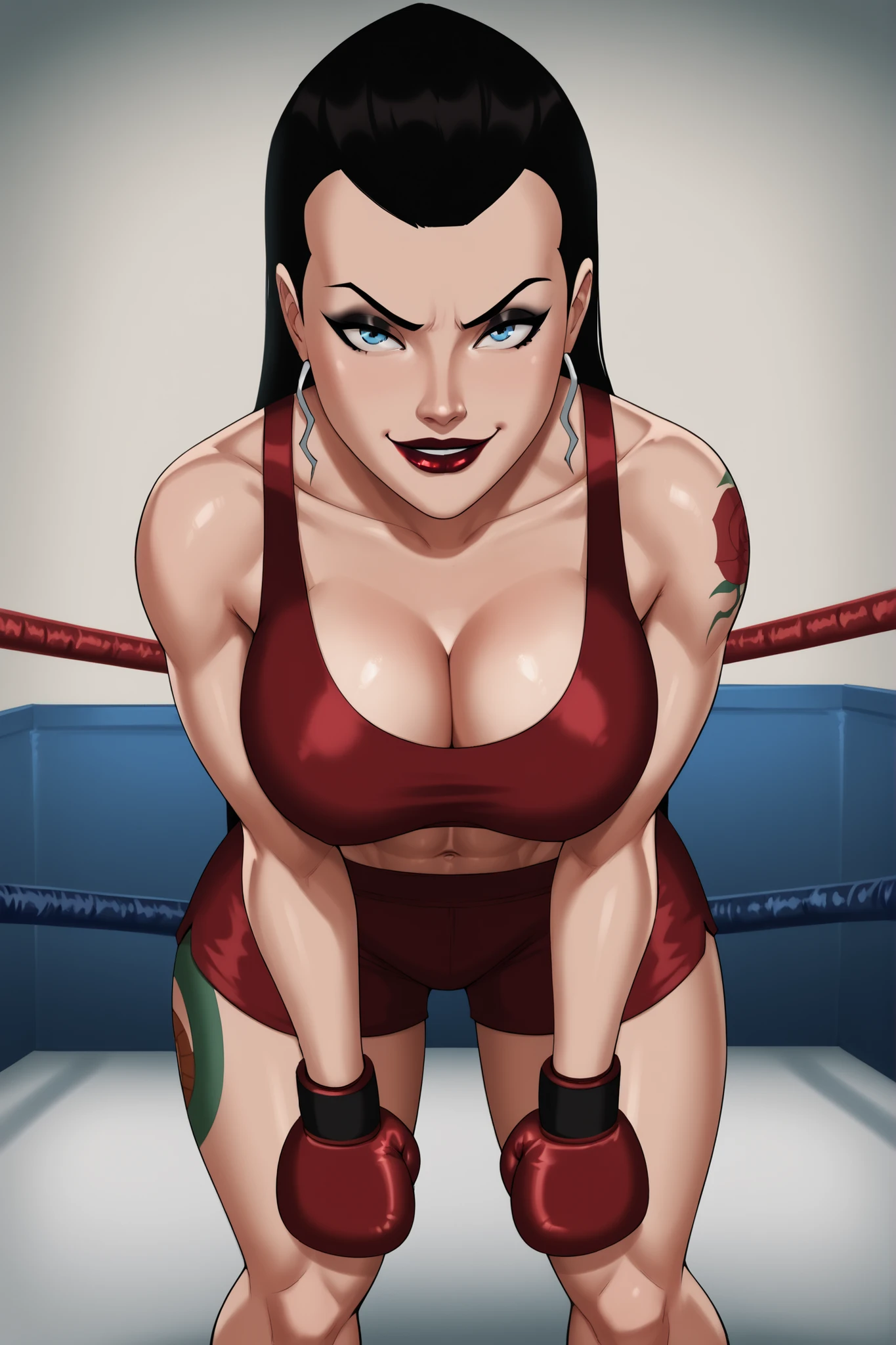 BREAK, score_9, score_8_up, score_7_up, score_6_up, Roulette, 1girl, solo, black hair, blue eyes, long hair, lipstick, makeup, very , cleavage, curvy, athletic, shoulder tattoo, thigh tattoo, looking at viewer, seducing viewer, teasing viewer, smile, closed mouth, expression, bedroom eyes, busty, ruby red sports bra, ruby red boxing shorts, ruby red boxing gloves, indoors, boxing ring, standing, portrait, closeup, upper body, high-angle view, black eyeshadow, thick thighs, wide , leaning forward